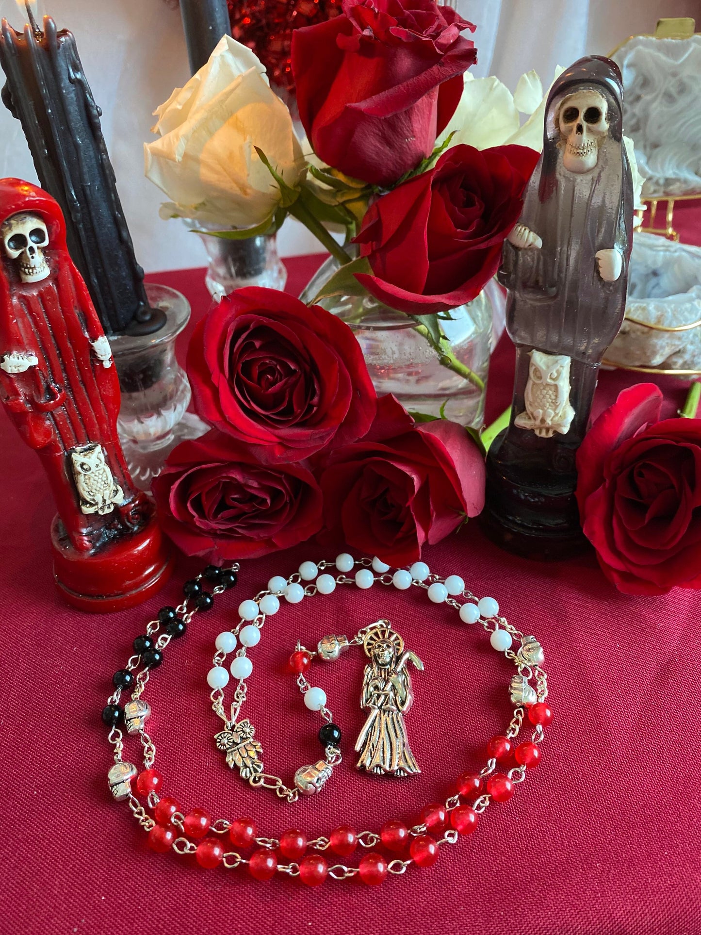Santa Muerte Rosary + Gemstone + Blessed + Traditional Colors + Three Robes + Sterling Silver Plated Chain + Handcrafted