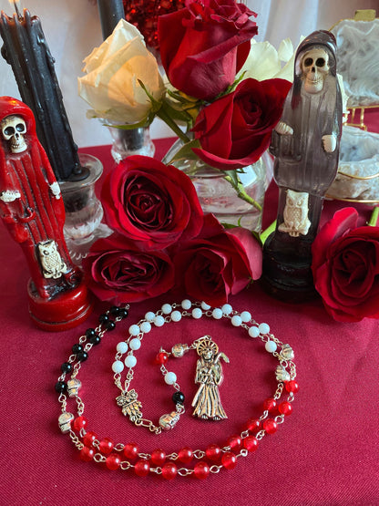 Santa Muerte Rosary + Gemstone + Blessed + Traditional Colors + Three Robes + Sterling Silver Plated Chain + Handcrafted