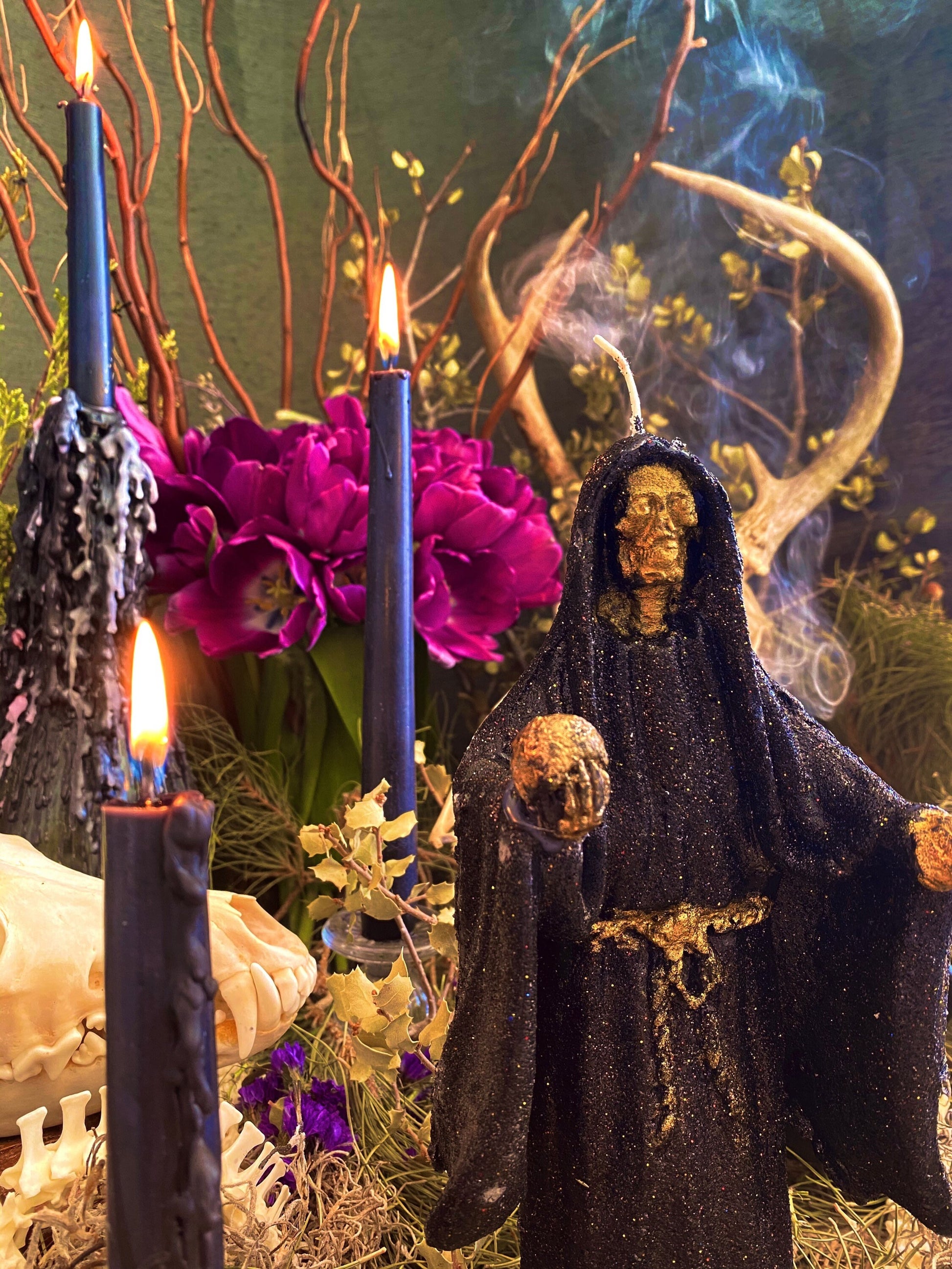 Santa Muerte Negra Figure Candle + Protection + Reversing + Remove Obstacles + Victory Over Enemies + 24K Gold + Baptized + Blessed + Fixed