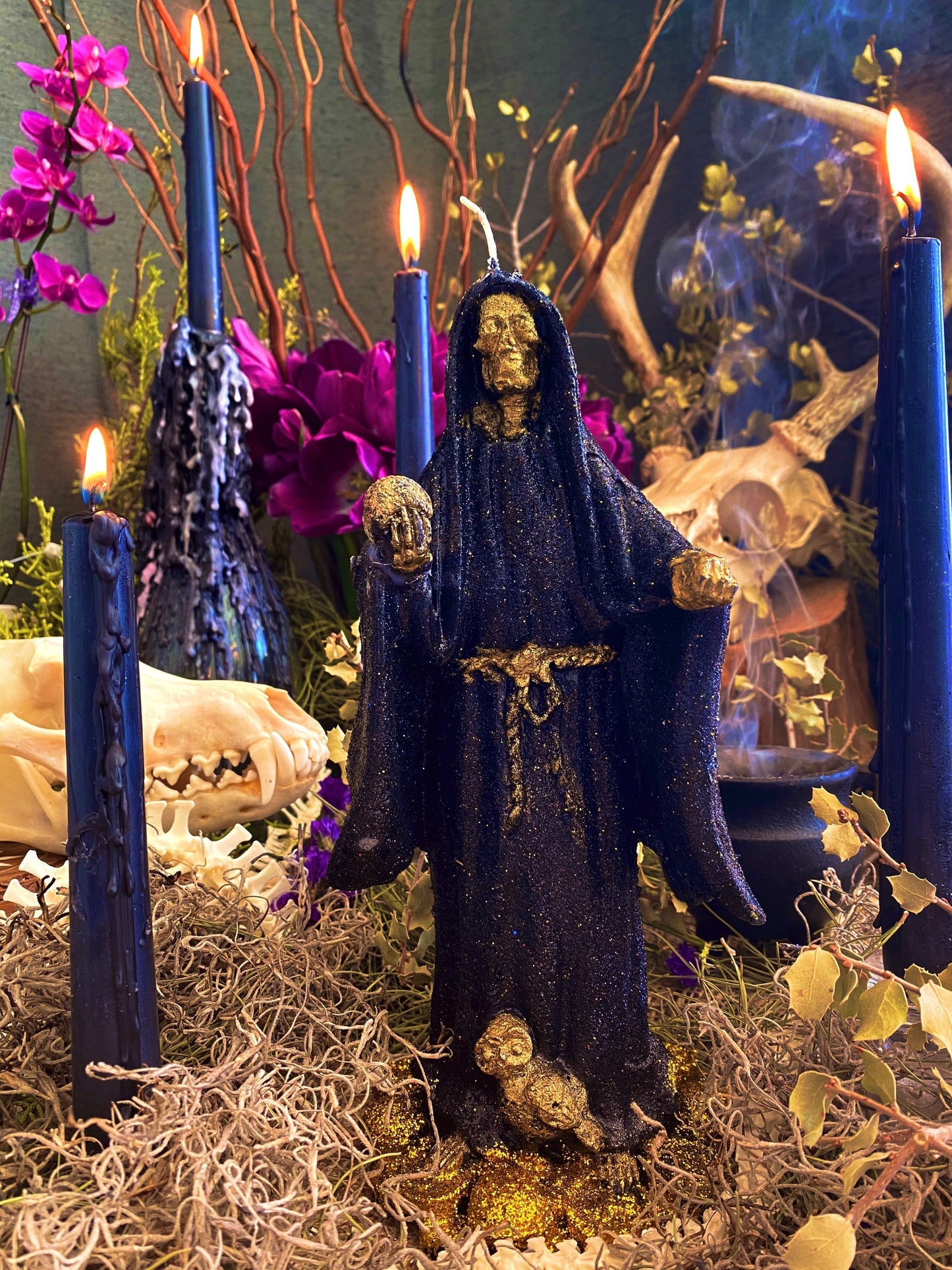 Santa Muerte Negra Figure Candle + Protection + Reversing + Remove Obstacles + Victory Over Enemies + 24K Gold + Baptized + Blessed + Fixed