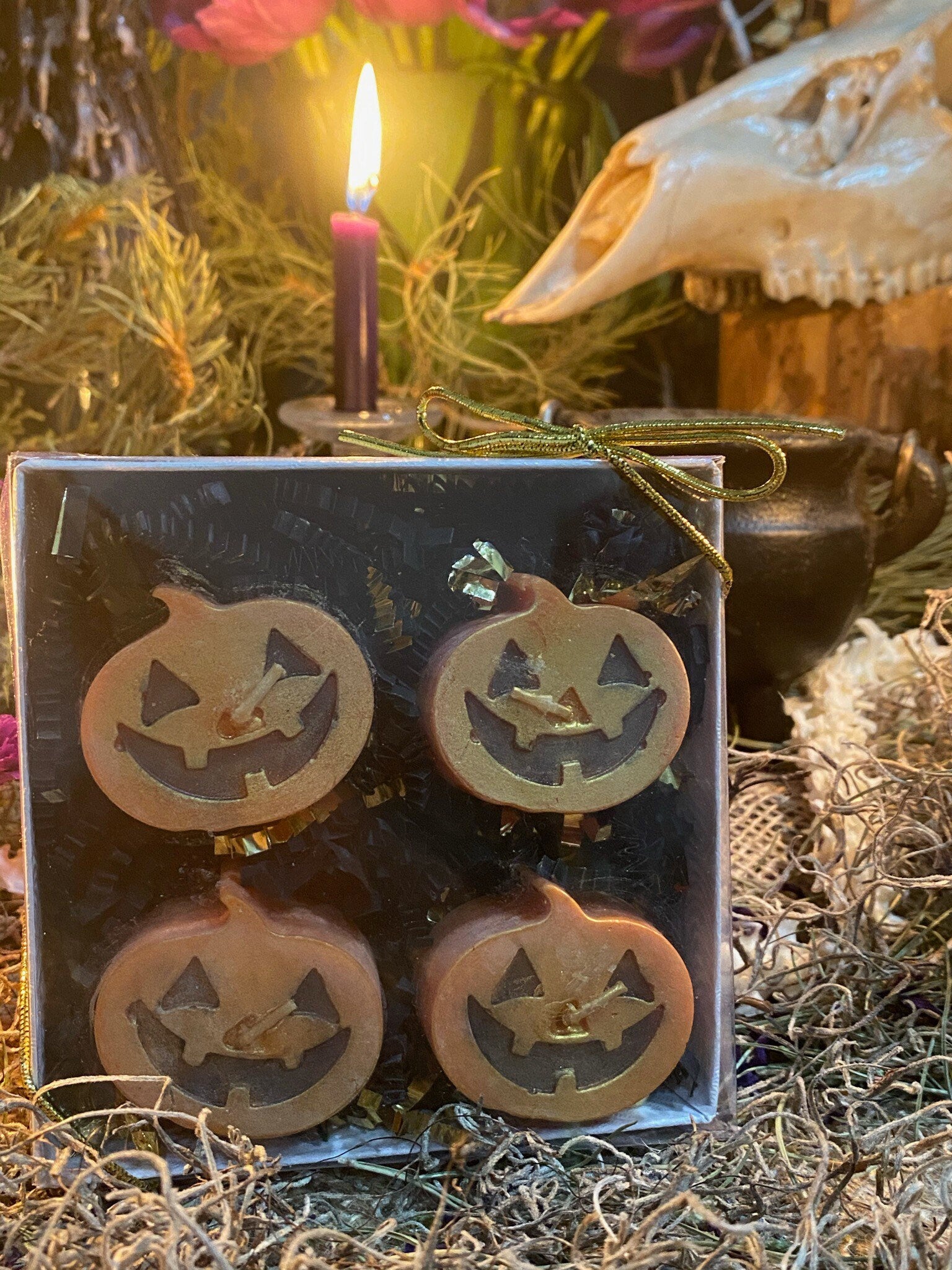Jack O’Lantern Tealight Candles + Gift Box + Protection + Samhain + Halloween + Scare Away Evil Spirits