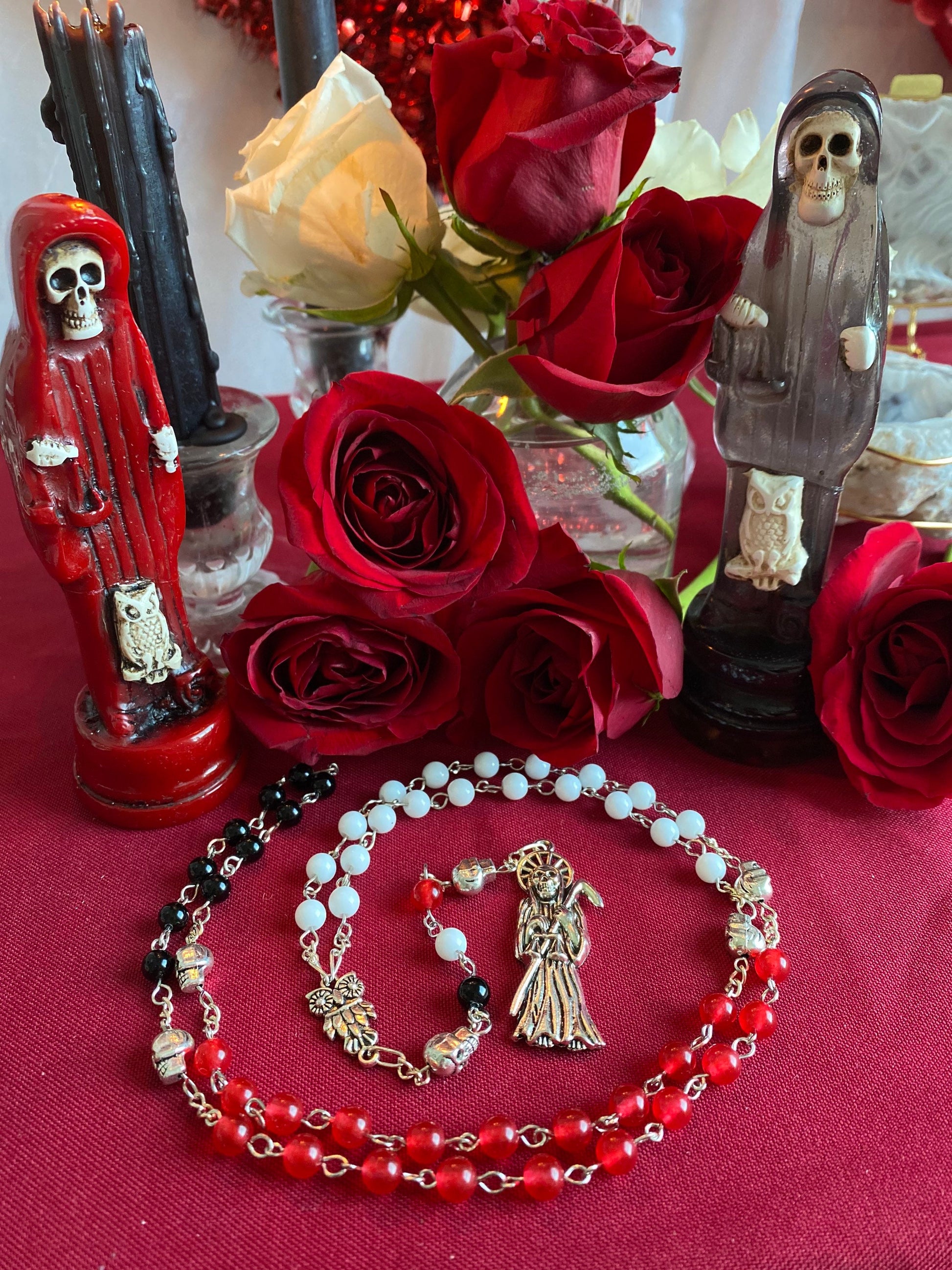 Santa Muerte Rosary + Gemstone + Blessed + Traditional Colors + Three Robes + Sterling Silver Plated Chain + Handcrafted