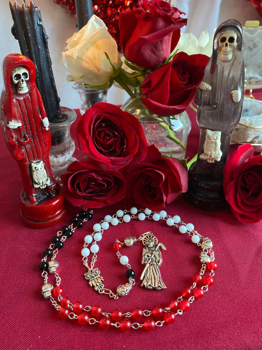 Santa Muerte Rosary + Gemstone + Blessed + Traditional Colors + Three Robes + Sterling Silver Plated Chain + Handcrafted