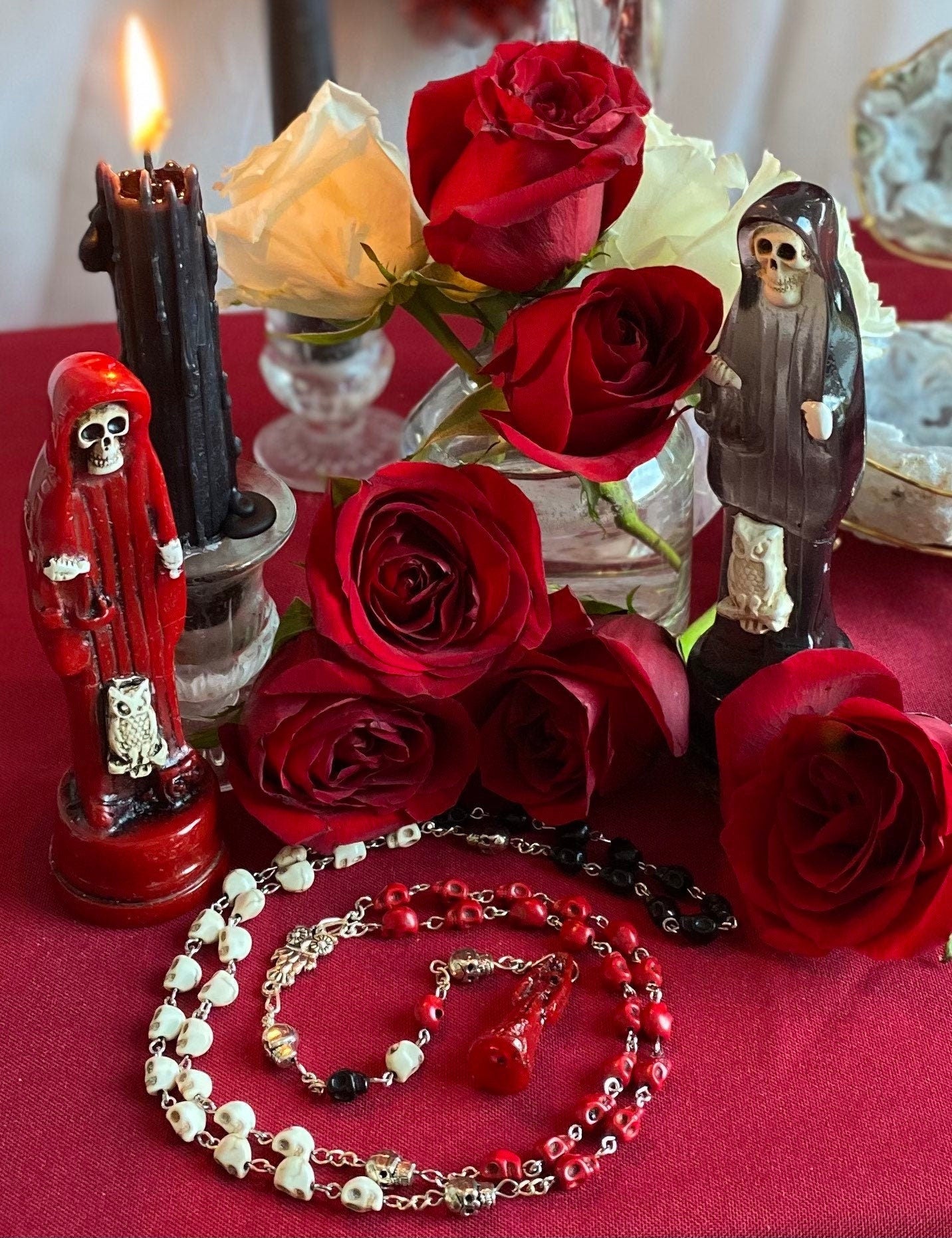 Santa Muerte Roja Rosary + 3 Robes + Blessed + Sterling Silver Plated Chain + Handcrafted + Rosario