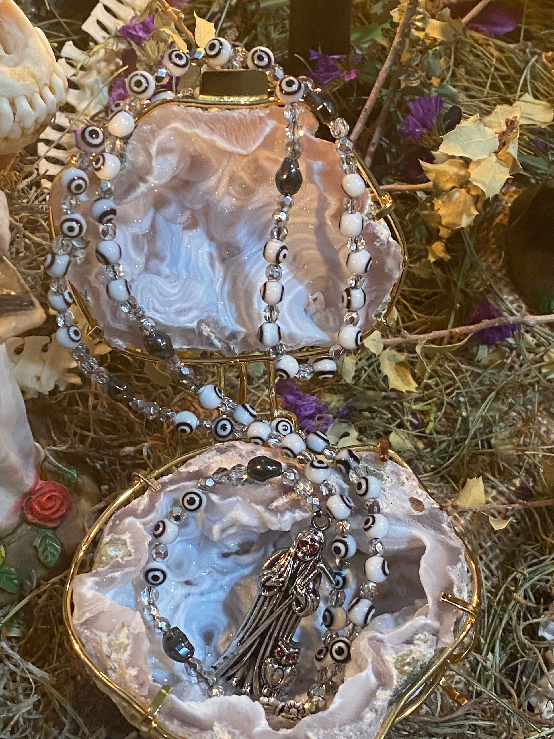 Santa Muerte Blanca Evil Eye Rosary de Hilo + Blessed + Handcrafted + Rosario