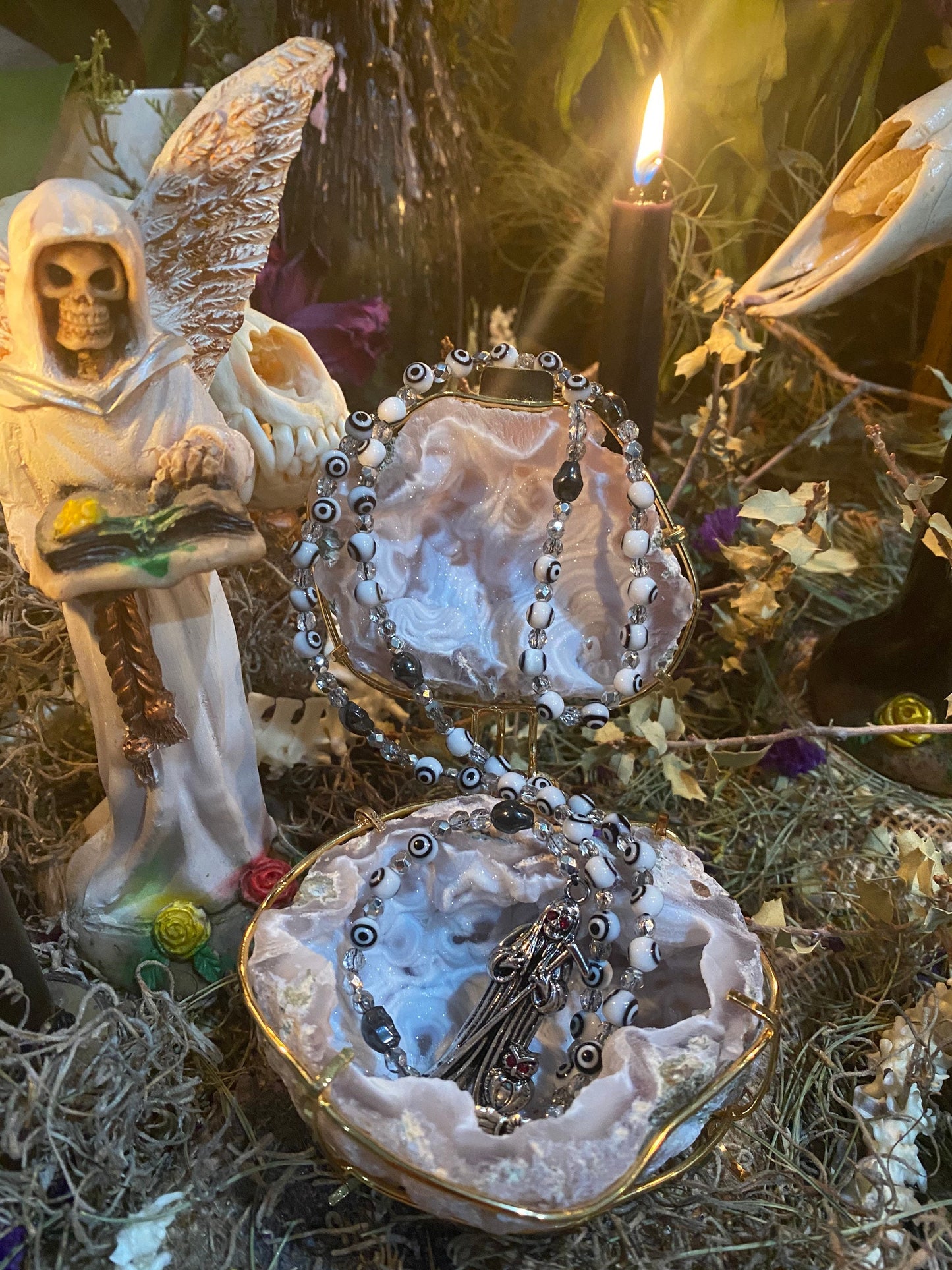 Santa Muerte Blanca Evil Eye Rosary de Hilo + Blessed + Handcrafted + Rosario