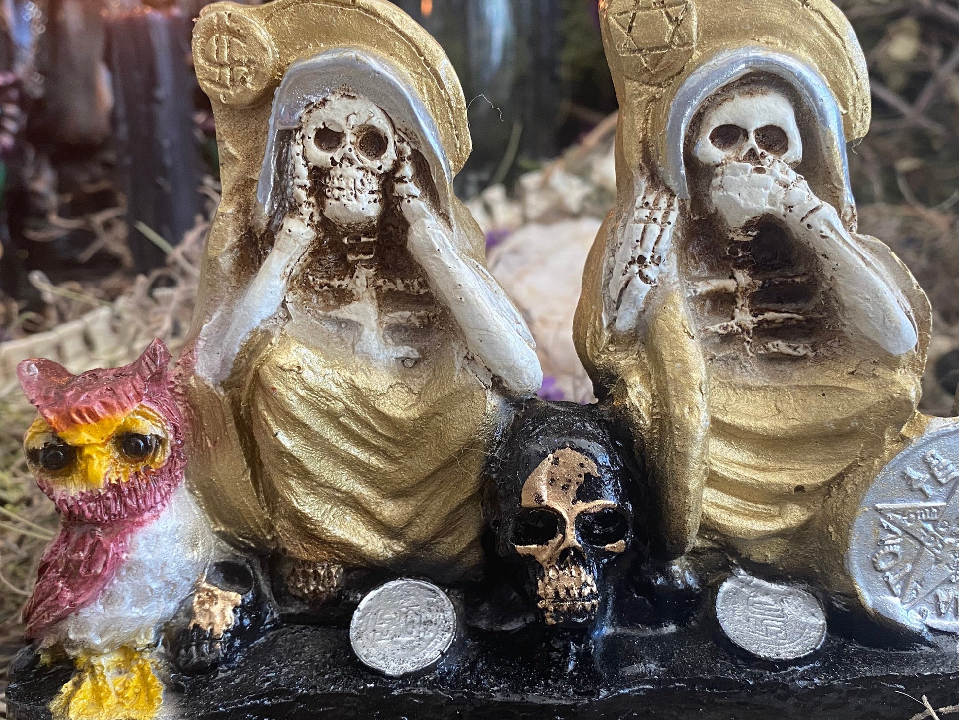 Santa Muerte Dorada Hear No, Speak No, See No Evil Statue + Gold + Baptized + Made in Mexico + Tetragrammaton + Stop Gossip + Hide Spellwor