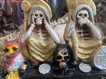 Santa Muerte Dorada Hear No, Speak No, See No Evil Statue + Gold + Baptized + Made in Mexico + Tetragrammaton + Stop Gossip + Hide Spellwor
