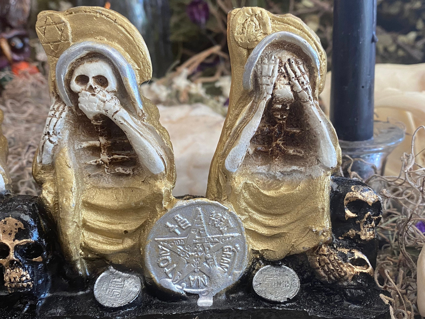 Santa Muerte Dorada Hear No, Speak No, See No Evil Statue + Gold + Baptized + Made in Mexico + Tetragrammaton + Stop Gossip + Hide Spellwor