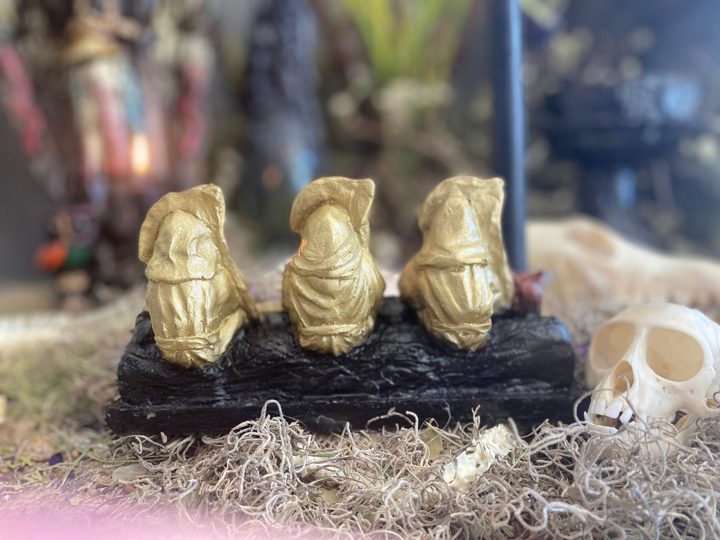 Santa Muerte Dorada Hear No, Speak No, See No Evil Statue + Gold + Baptized + Made in Mexico + Tetragrammaton + Stop Gossip + Hide Spellwor