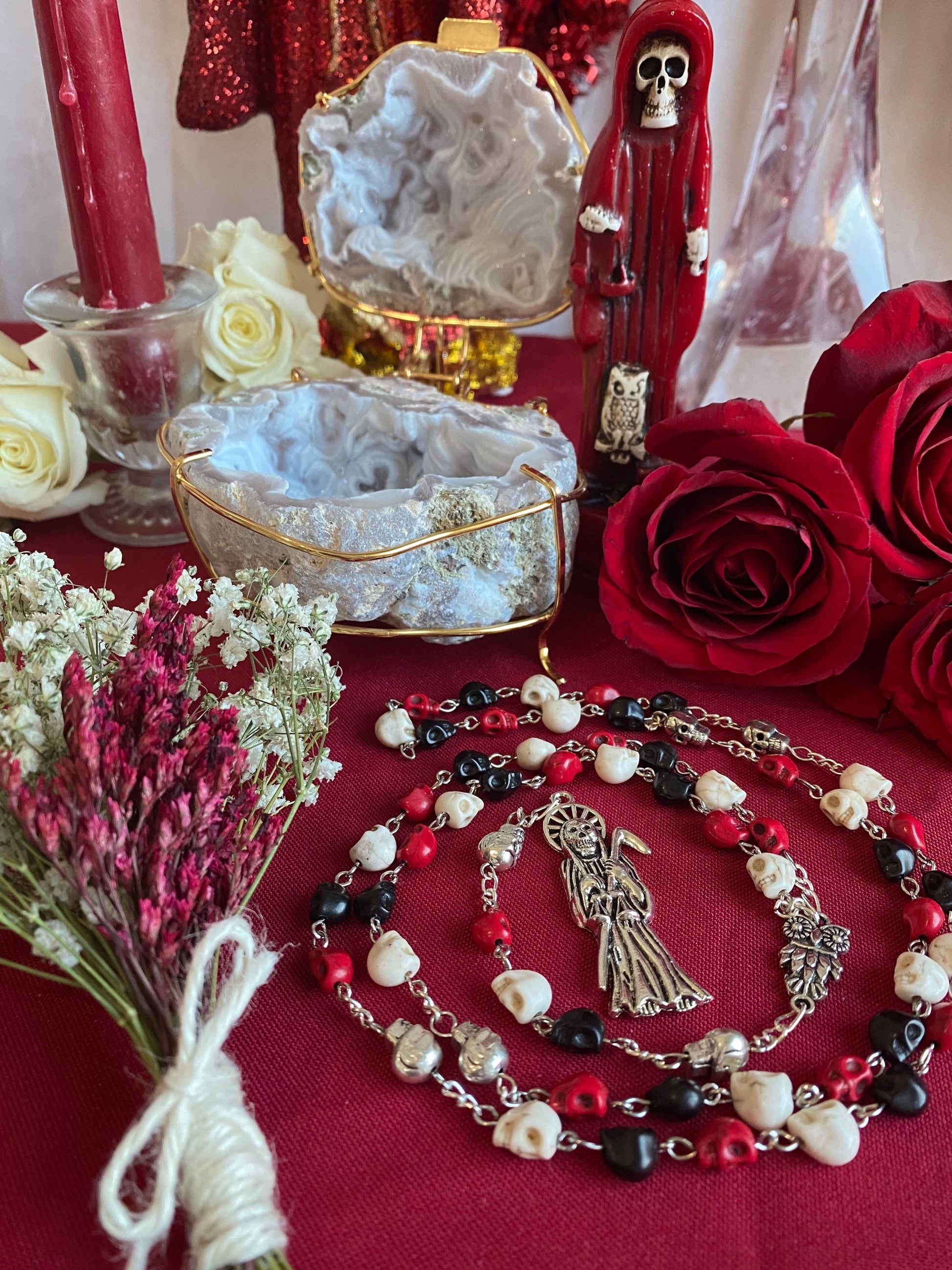 Santa Muerte Rosary + Traditional Colors + Three Robes + Sterling Silver Plated Chain + Handcrafted + Tricolor