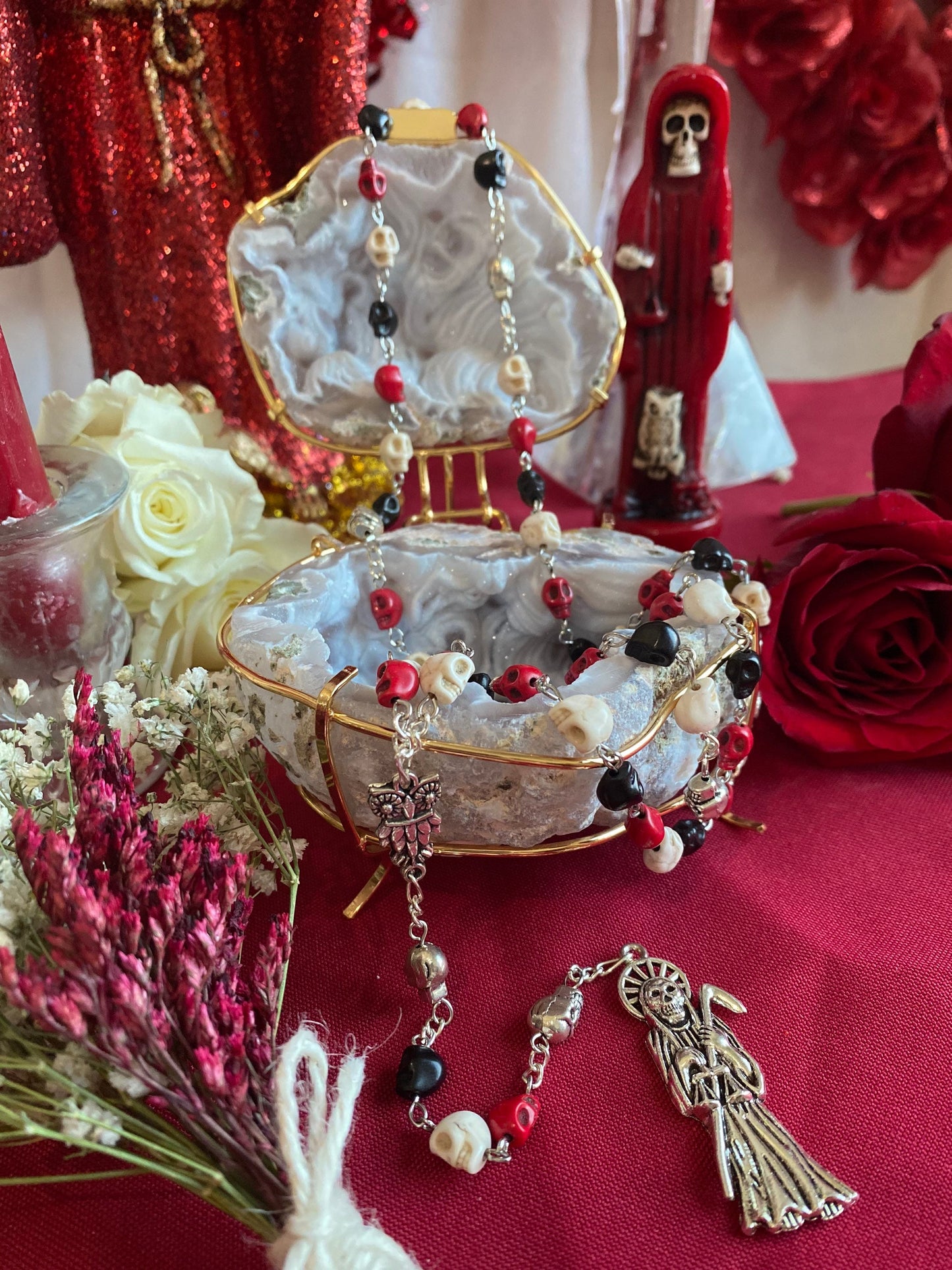 Santa Muerte Rosary + Traditional Colors + Three Robes + Sterling Silver Plated Chain + Handcrafted + Tricolor