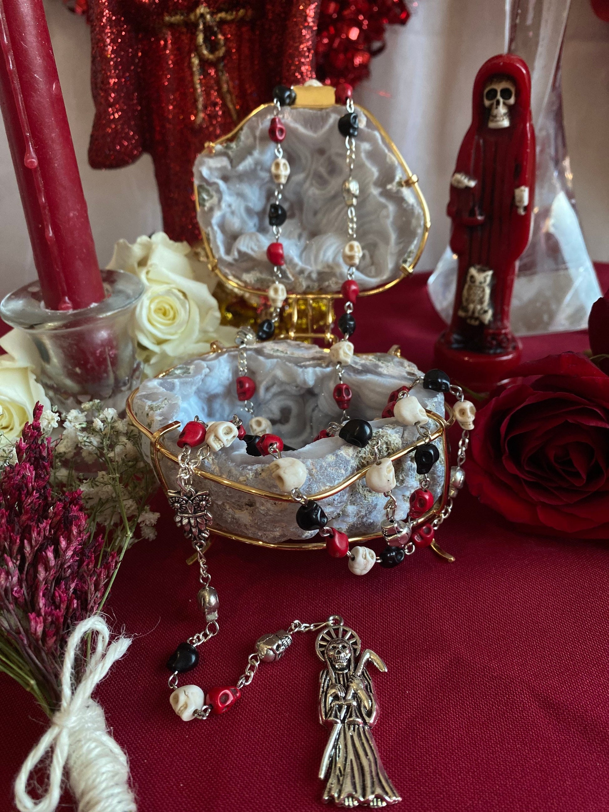 Santa Muerte Rosary + Traditional Colors + Three Robes + Sterling Silver Plated Chain + Handcrafted + Tricolor