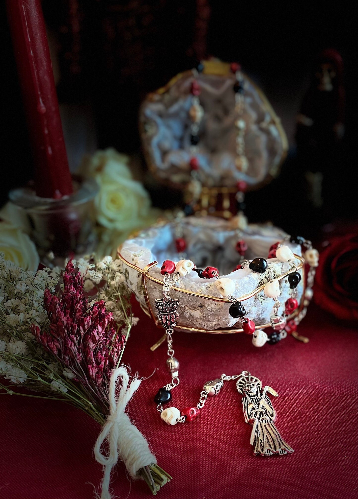 Santa Muerte Rosary + Traditional Colors + Three Robes + Sterling Silver Plated Chain + Handcrafted + Tricolor