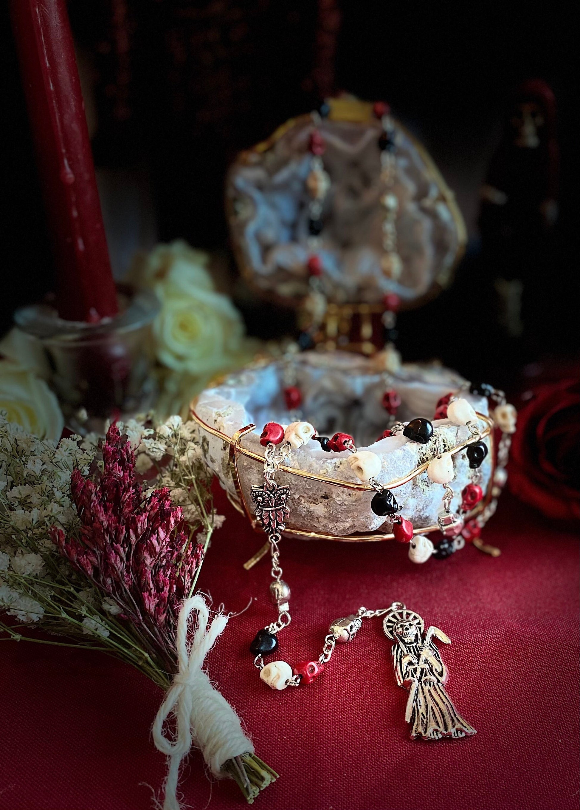 Santa Muerte Rosary + Traditional Colors + Three Robes + Sterling Silver Plated Chain + Handcrafted + Tricolor