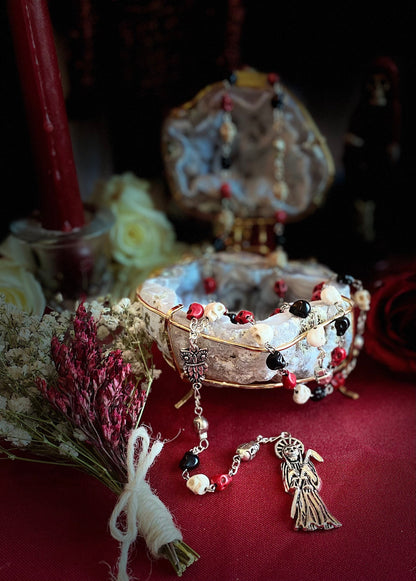 Santa Muerte Rosary + Traditional Colors + Three Robes + Sterling Silver Plated Chain + Handcrafted + Tricolor