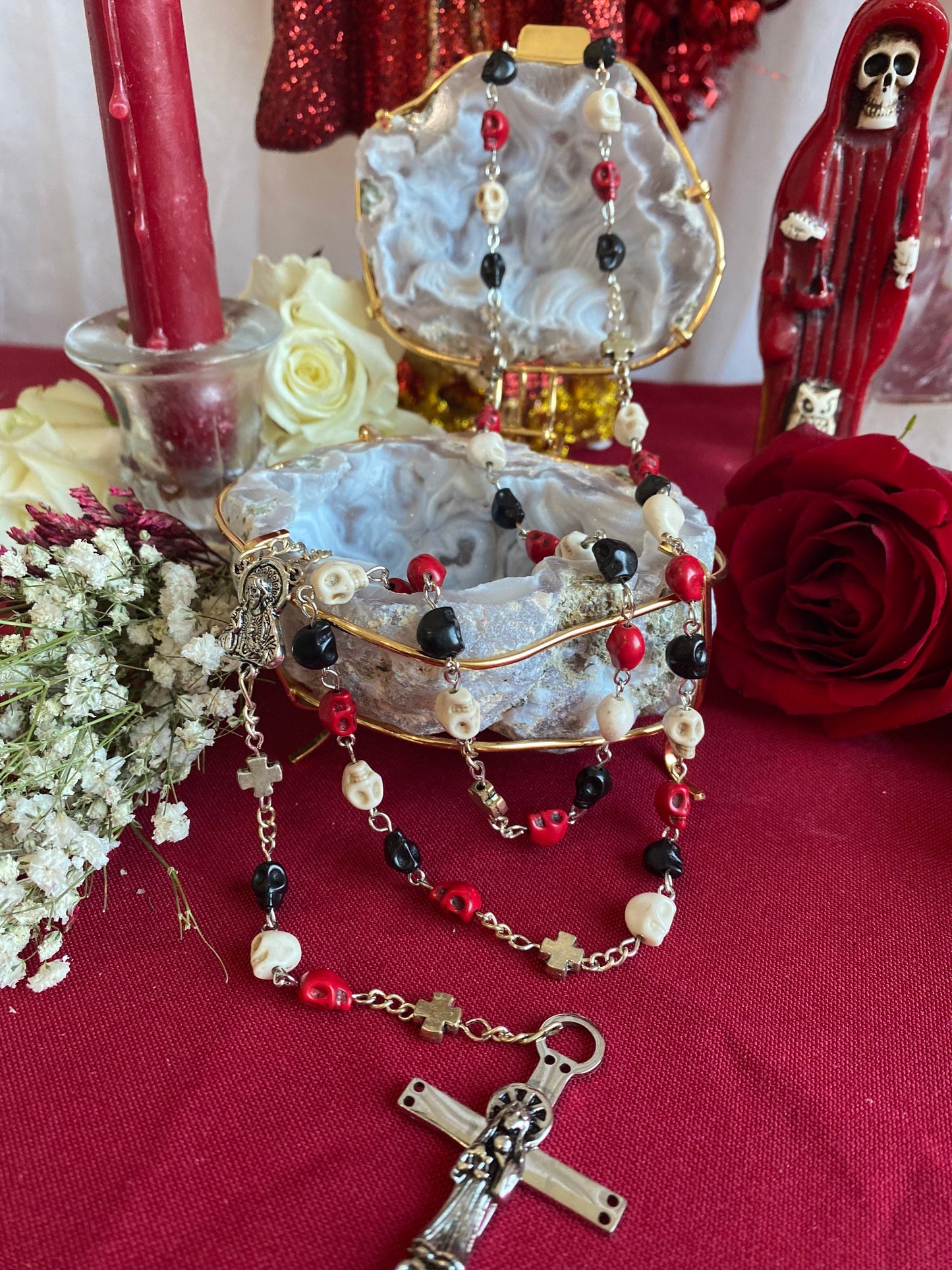 Santa Muerte Rosary with Tricolor Skulls & Santa Muerte Cross + Three Robes + Blessed + Sterling Silver Plated Chain + Handcrafted + Rosario