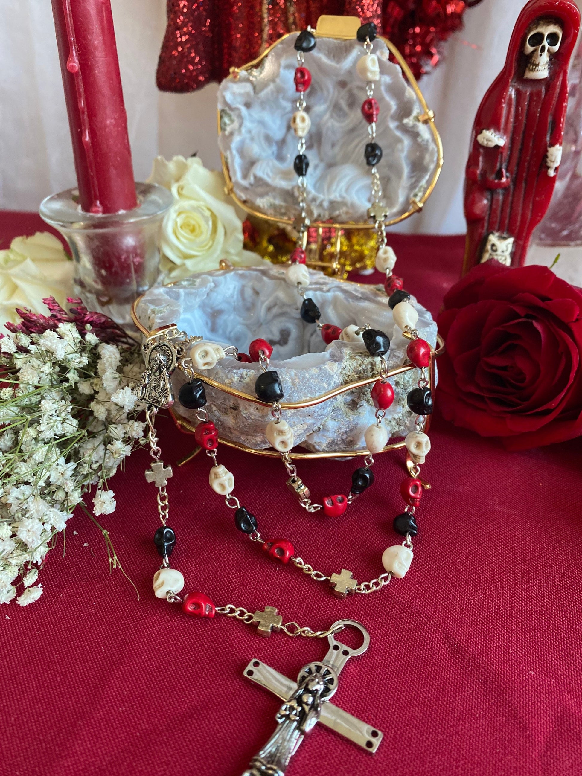 Santa Muerte Rosary with Tricolor Skulls & Santa Muerte Cross + Three Robes + Blessed + Sterling Silver Plated Chain + Handcrafted + Rosario
