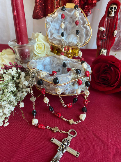 Santa Muerte Rosary with Tricolor Skulls & Santa Muerte Cross + Three Robes + Blessed + Sterling Silver Plated Chain + Handcrafted + Rosario