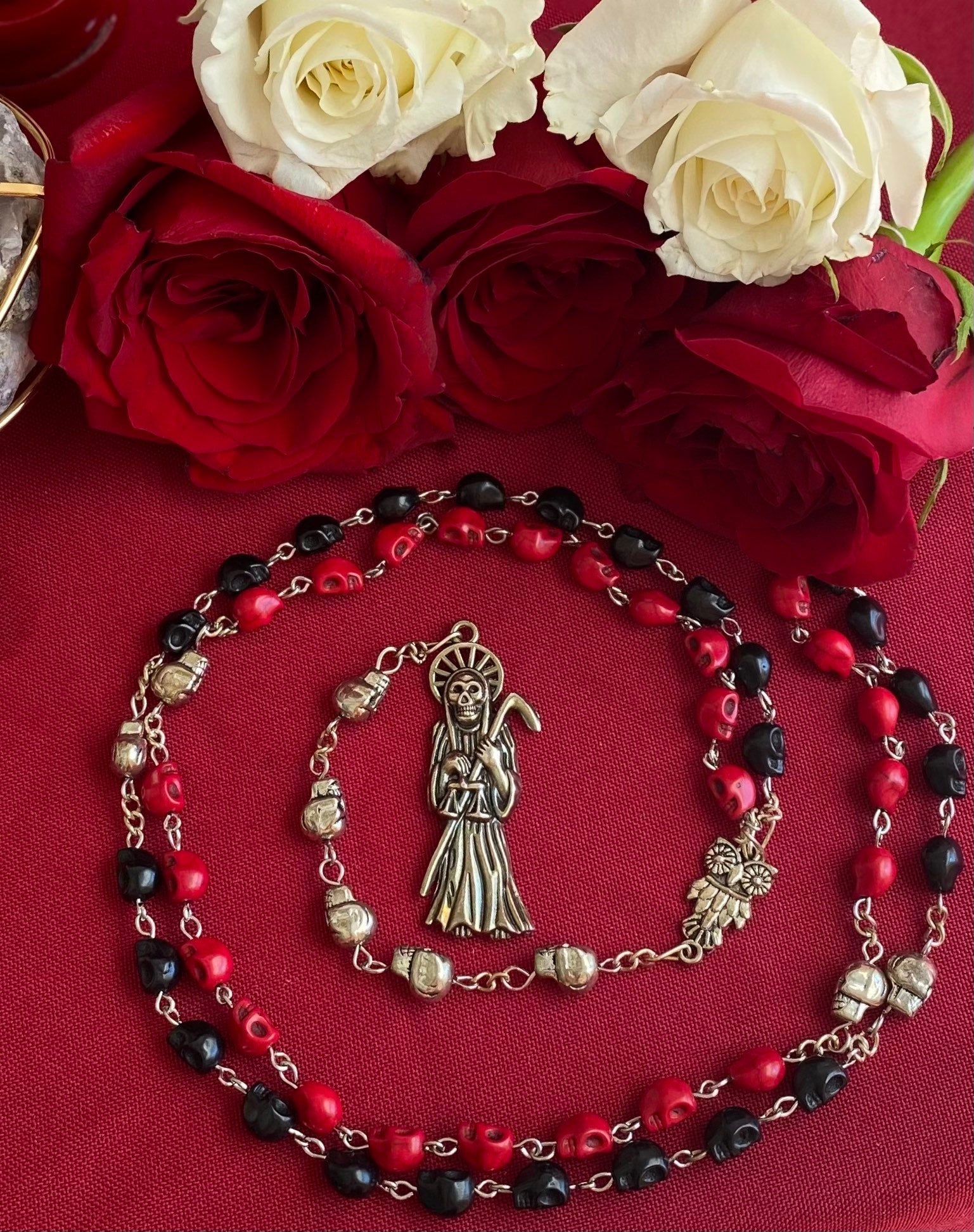 Santa Muerte Reversing Rosary + Red & Black Robes + Overcome Enemies + Blessed + Sterling Silver Plated Chain + Handcrafted + Amarres