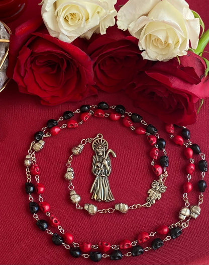 Santa Muerte Reversing Rosary + Red & Black Robes + Overcome Enemies + Blessed + Sterling Silver Plated Chain + Handcrafted + Amarres