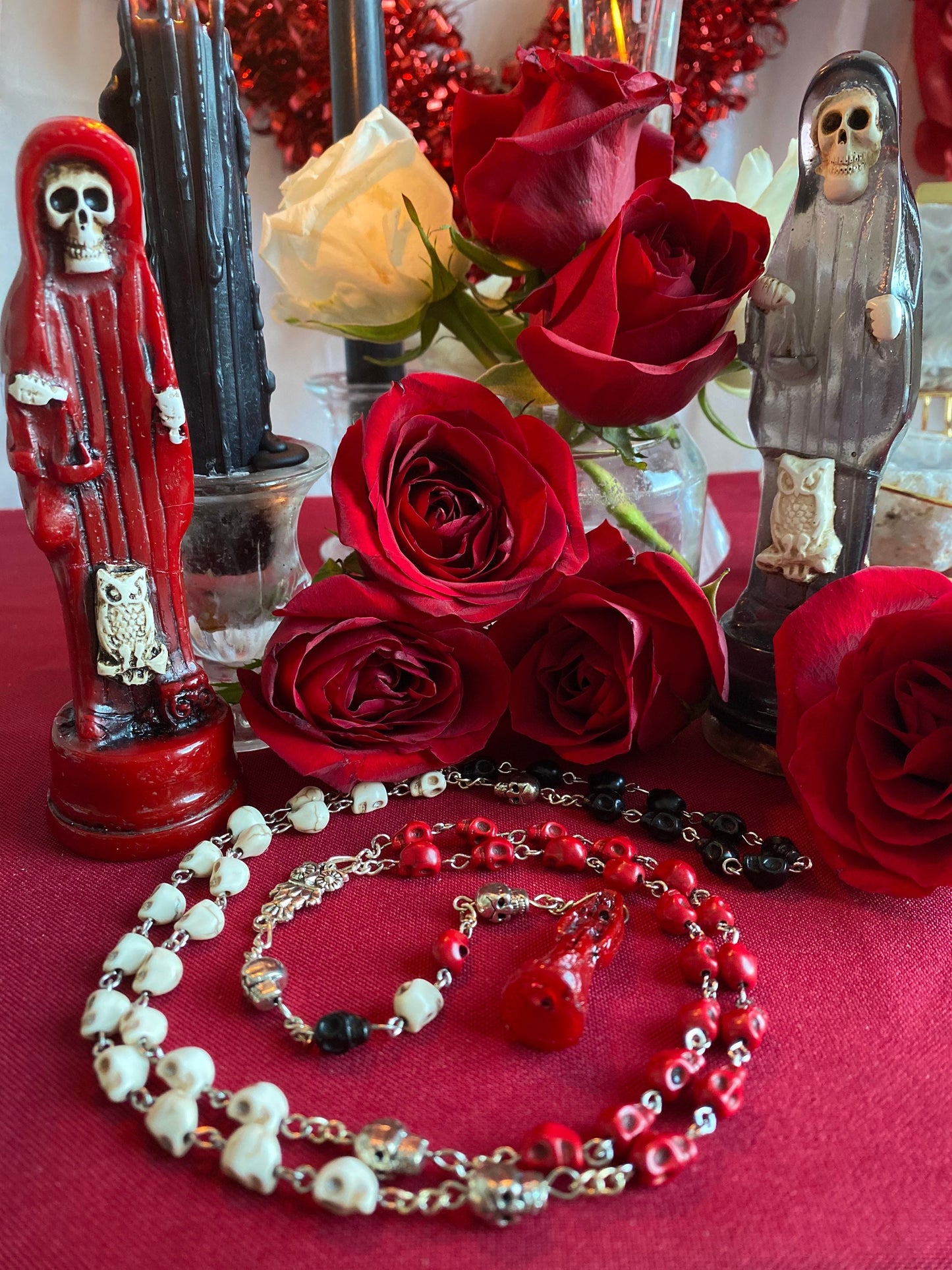 Santa Muerte Roja Rosary + 3 Robes + Blessed + Sterling Silver Plated Chain + Handcrafted + Rosario