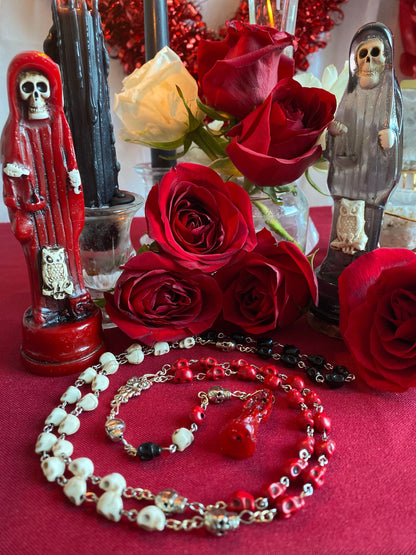 Santa Muerte Roja Rosary + 3 Robes + Blessed + Sterling Silver Plated Chain + Handcrafted + Rosario
