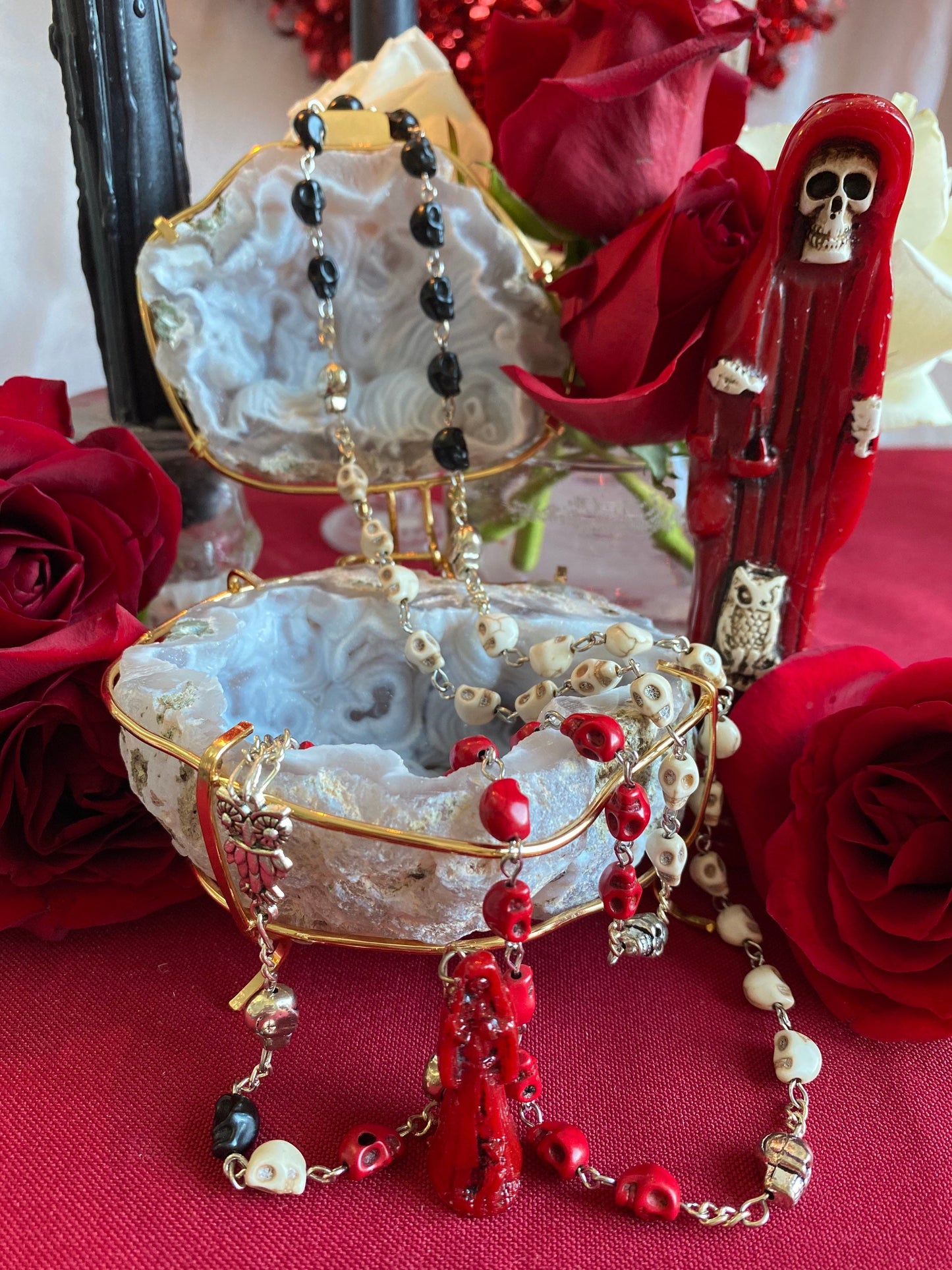 Santa Muerte Roja Rosary + 3 Robes + Blessed + Sterling Silver Plated Chain + Handcrafted + Rosario