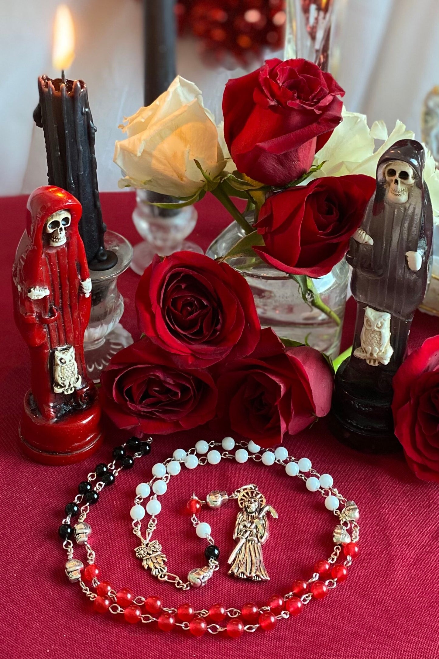 Santa Muerte Rosary + Gemstone + Blessed + Traditional Colors + Three Robes + Sterling Silver Plated Chain + Handcrafted