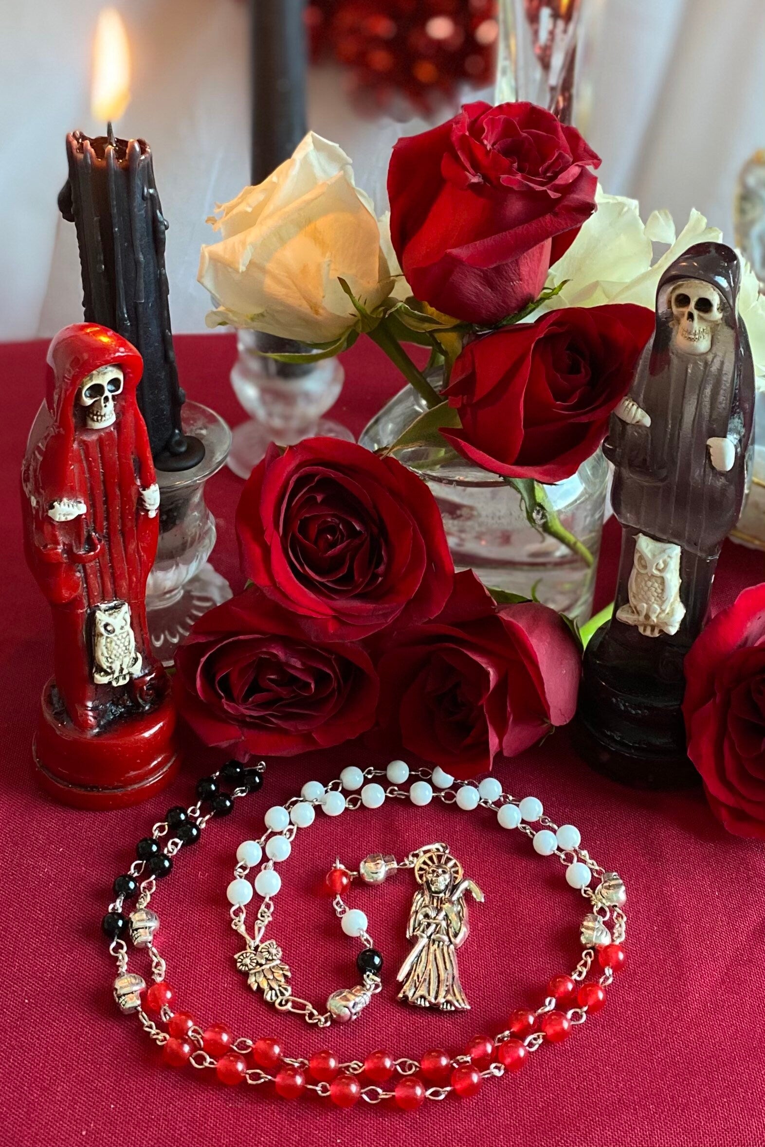 Santa Muerte Rosary + Gemstone + Blessed + Traditional Colors + Three Robes + Sterling Silver Plated Chain + Handcrafted