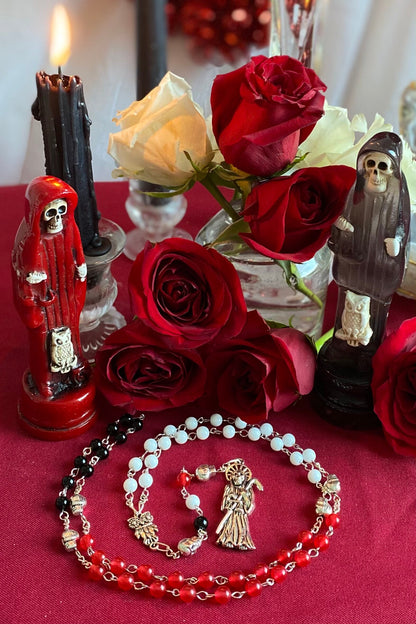 Santa Muerte Rosary + Gemstone + Blessed + Traditional Colors + Three Robes + Sterling Silver Plated Chain + Handcrafted
