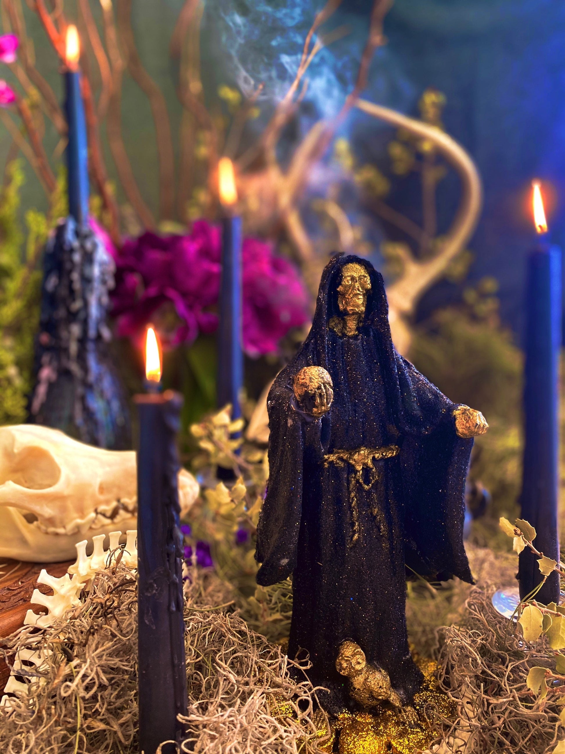 Santa Muerte Negra Figure Candle + Protection + Reversing + Remove Obstacles + Victory Over Enemies + 24K Gold + Baptized + Blessed + Fixed
