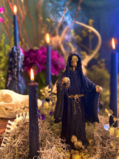 Santa Muerte Negra Figure Candle + Protection + Reversing + Remove Obstacles + Victory Over Enemies + 24K Gold + Baptized + Blessed + Fixed