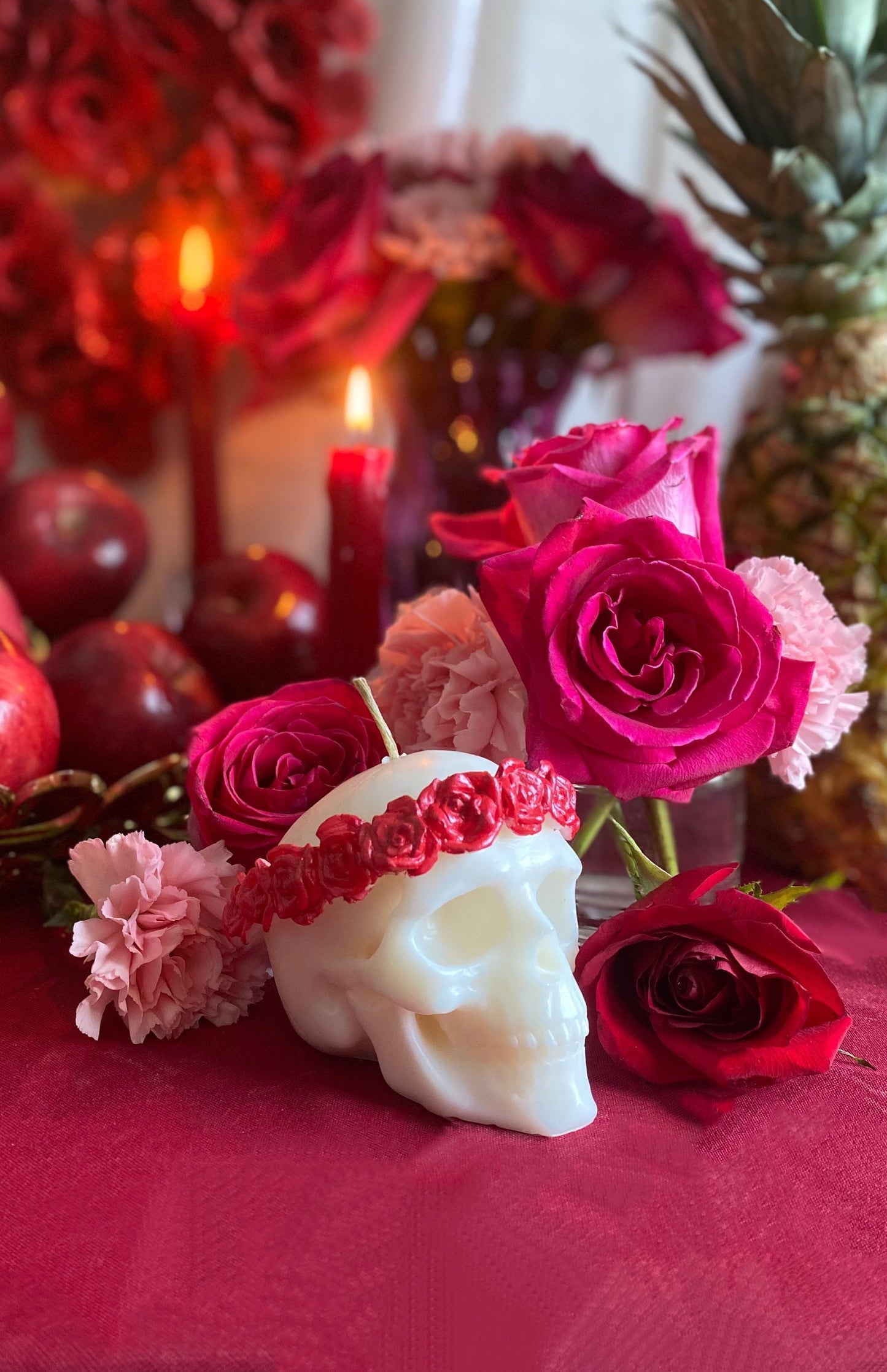 Skull Candle with Red Roses + Hand Painted