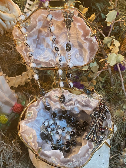 Santa Muerte Negra y Blanca Uncrossing Evil Eye Rosary + Xtreme Protection + Blessed + Sterling Silver Plated Chain + Handcrafted + Rosario