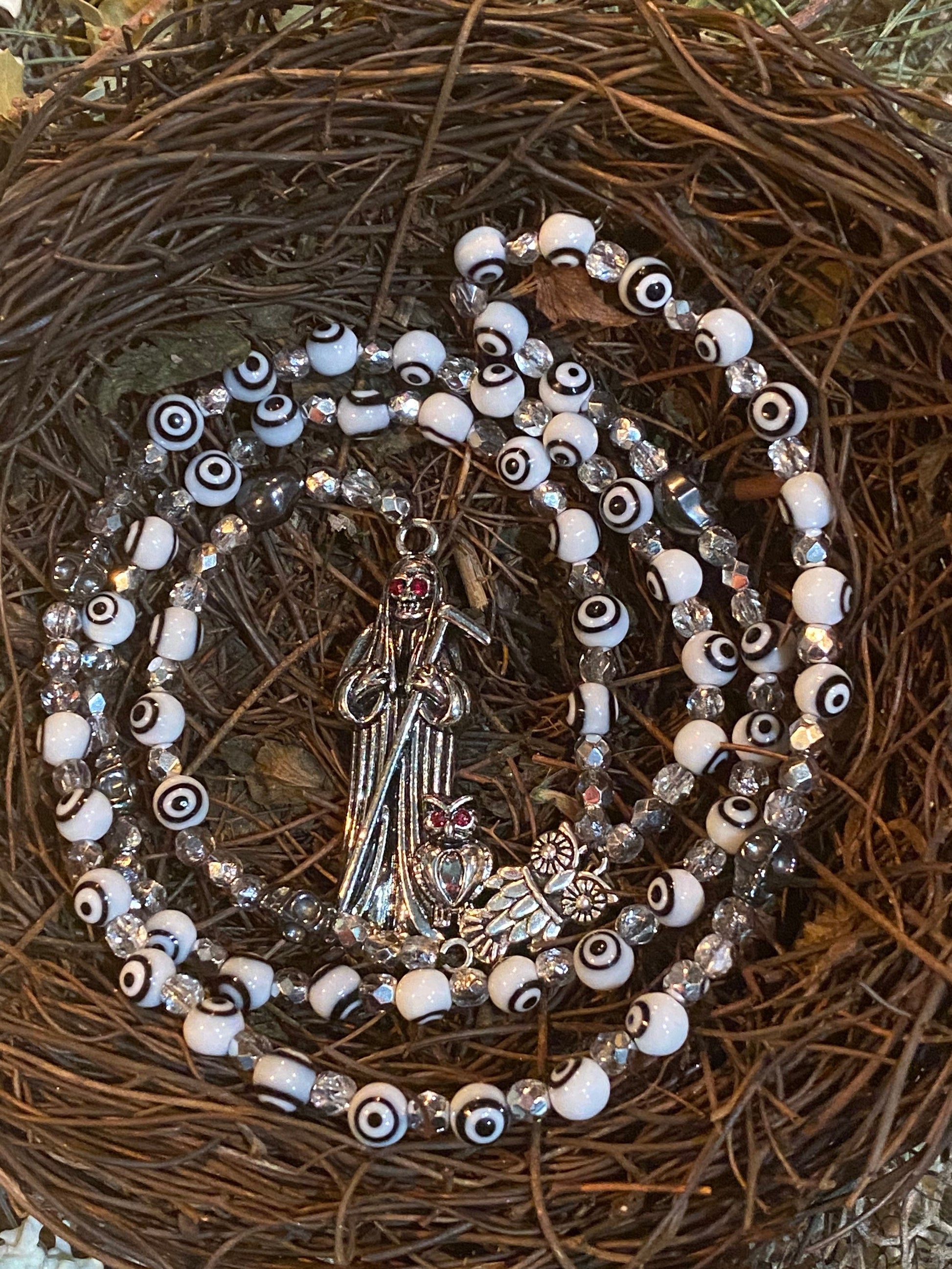 Santa Muerte Blanca Evil Eye Rosary de Hilo + Blessed + Handcrafted + Rosario