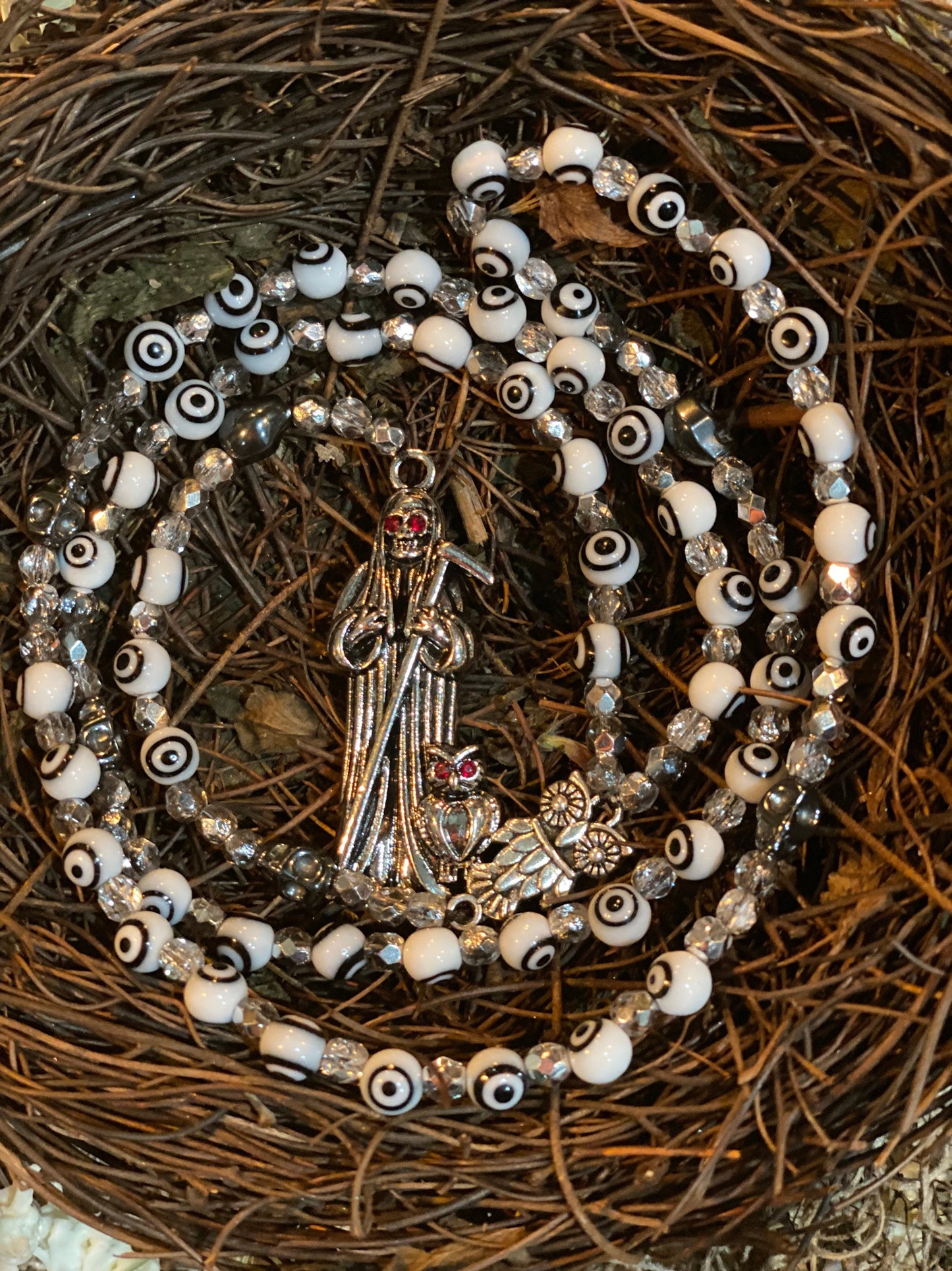 Santa Muerte Blanca Evil Eye Rosary de Hilo + Blessed + Handcrafted + Rosario
