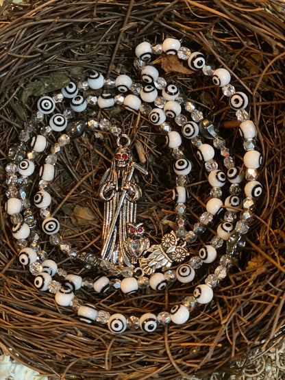 Santa Muerte Blanca Evil Eye Rosary de Hilo + Blessed + Handcrafted + Rosario