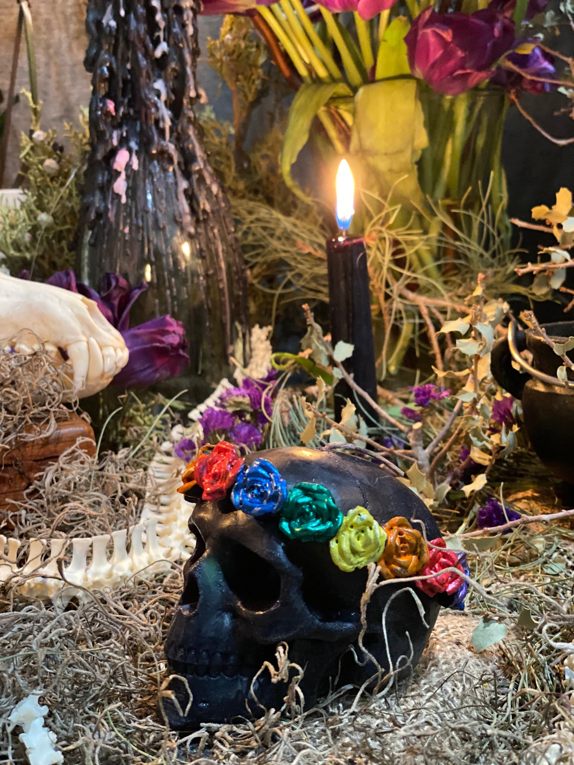 Skull Candle with Rainbow Roses + Hand Painted