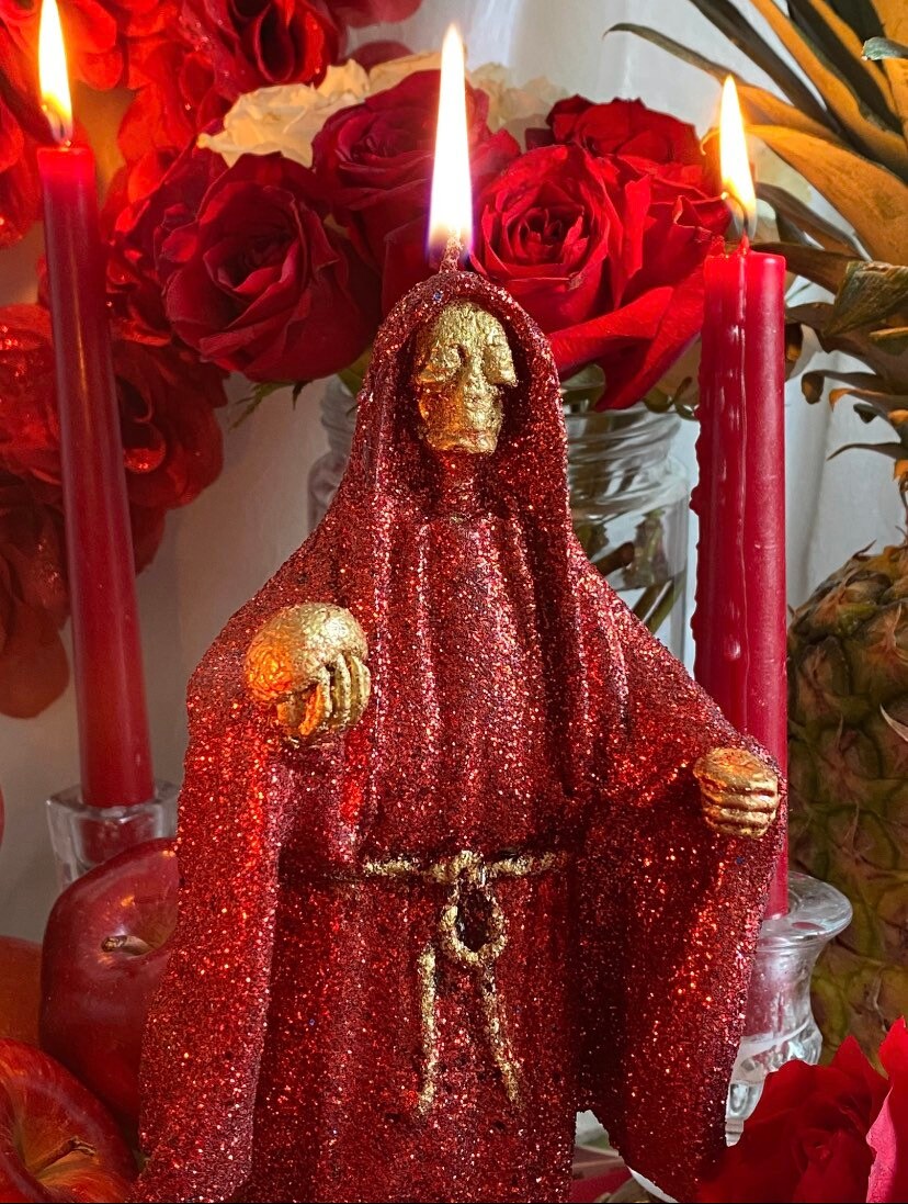 Santa Muerte Roja Figure Candle + Love + Passion + Domination + Money + 24K Gold + Baptized + Blessed + Fixed