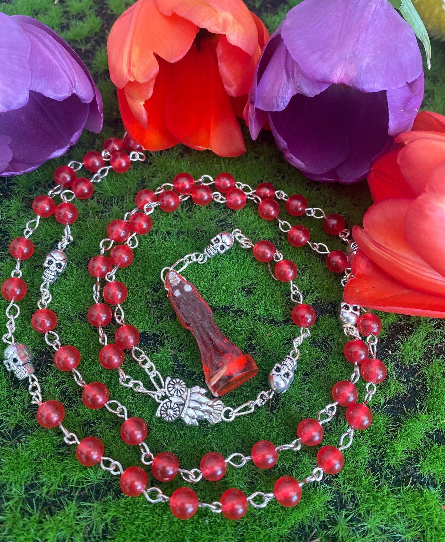 Santa Muerte Roja Rosary + Carnelian + Love + Money + Passion + Blessed + Sterling Silver Plated Chain + Gemstone + Handcrafted + Rosario