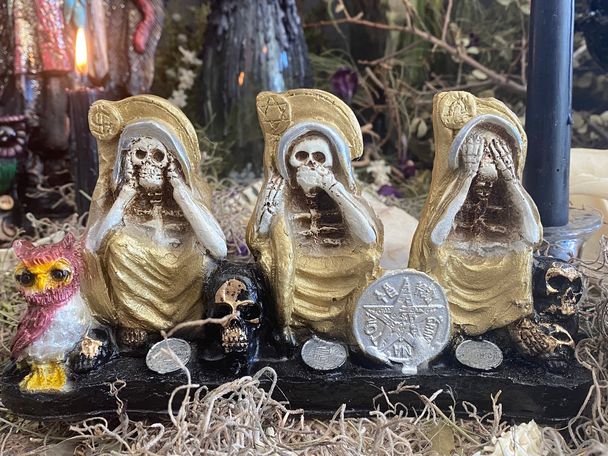 Santa Muerte Dorada Hear No, Speak No, See No Evil Statue + Gold + Baptized + Made in Mexico + Tetragrammaton + Stop Gossip + Hide Spellwor