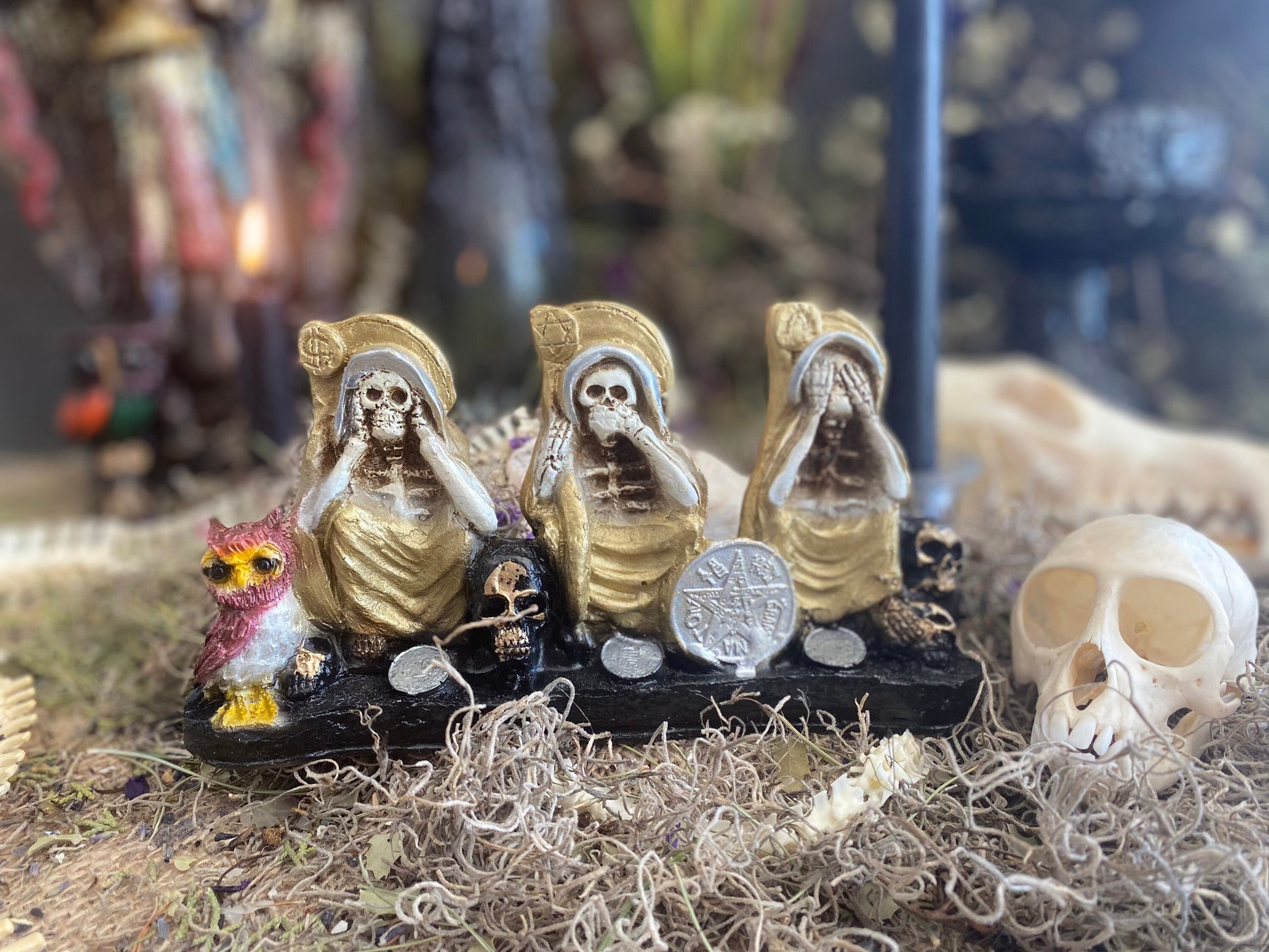 Santa Muerte Dorada Hear No, Speak No, See No Evil Statue + Gold + Baptized + Made in Mexico + Tetragrammaton + Stop Gossip + Hide Spellwor