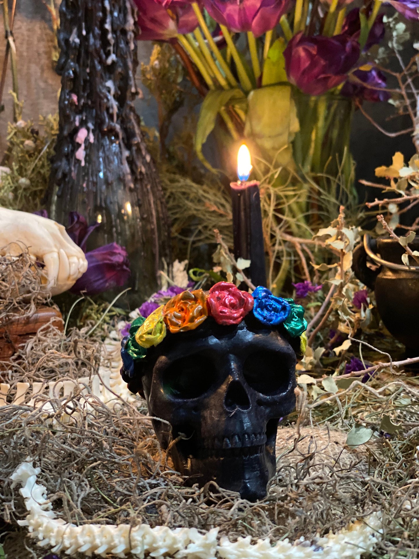 Skull Candle with Rainbow Roses + Hand Painted
