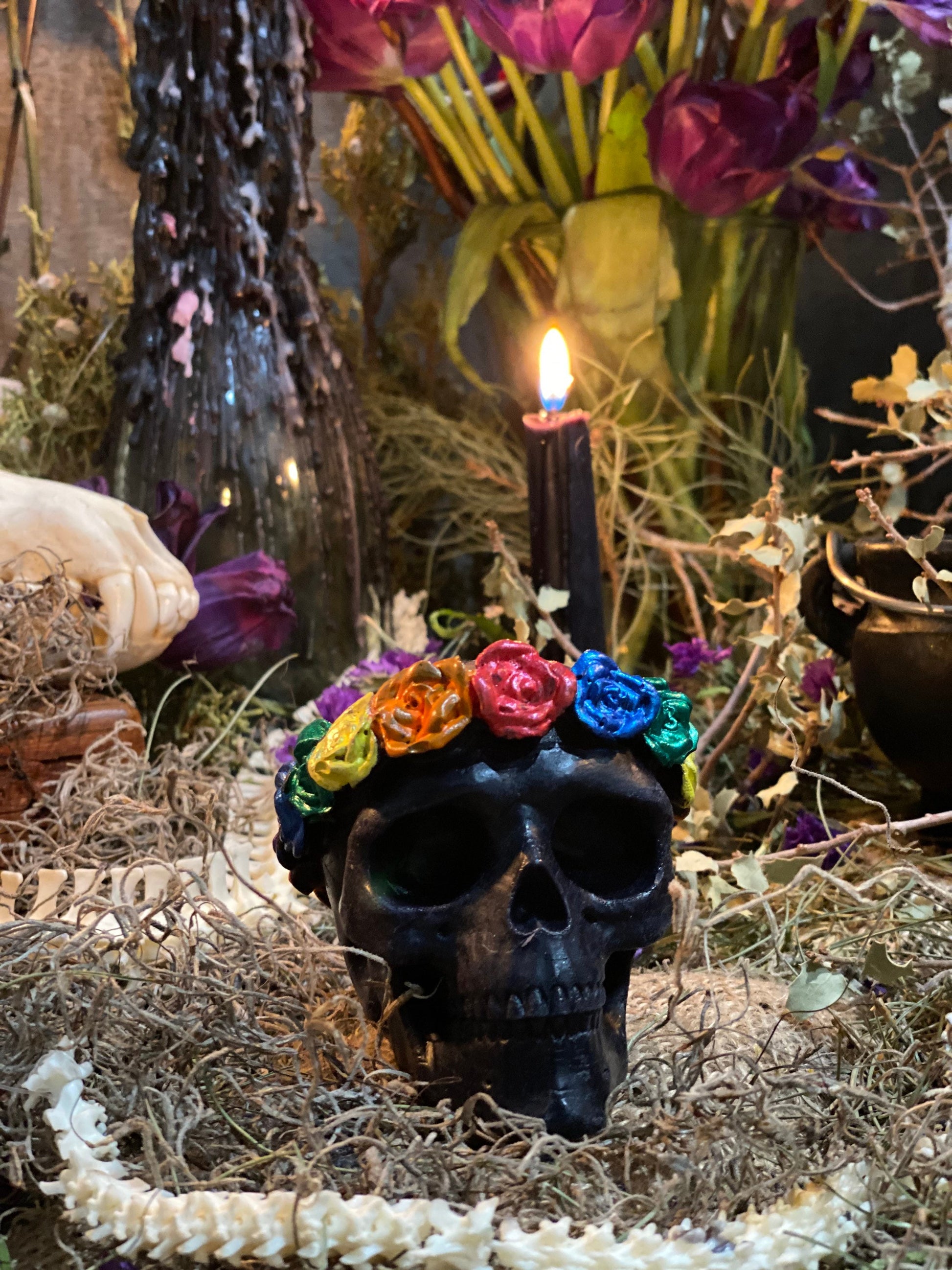 Skull Candle with Rainbow Roses + Hand Painted