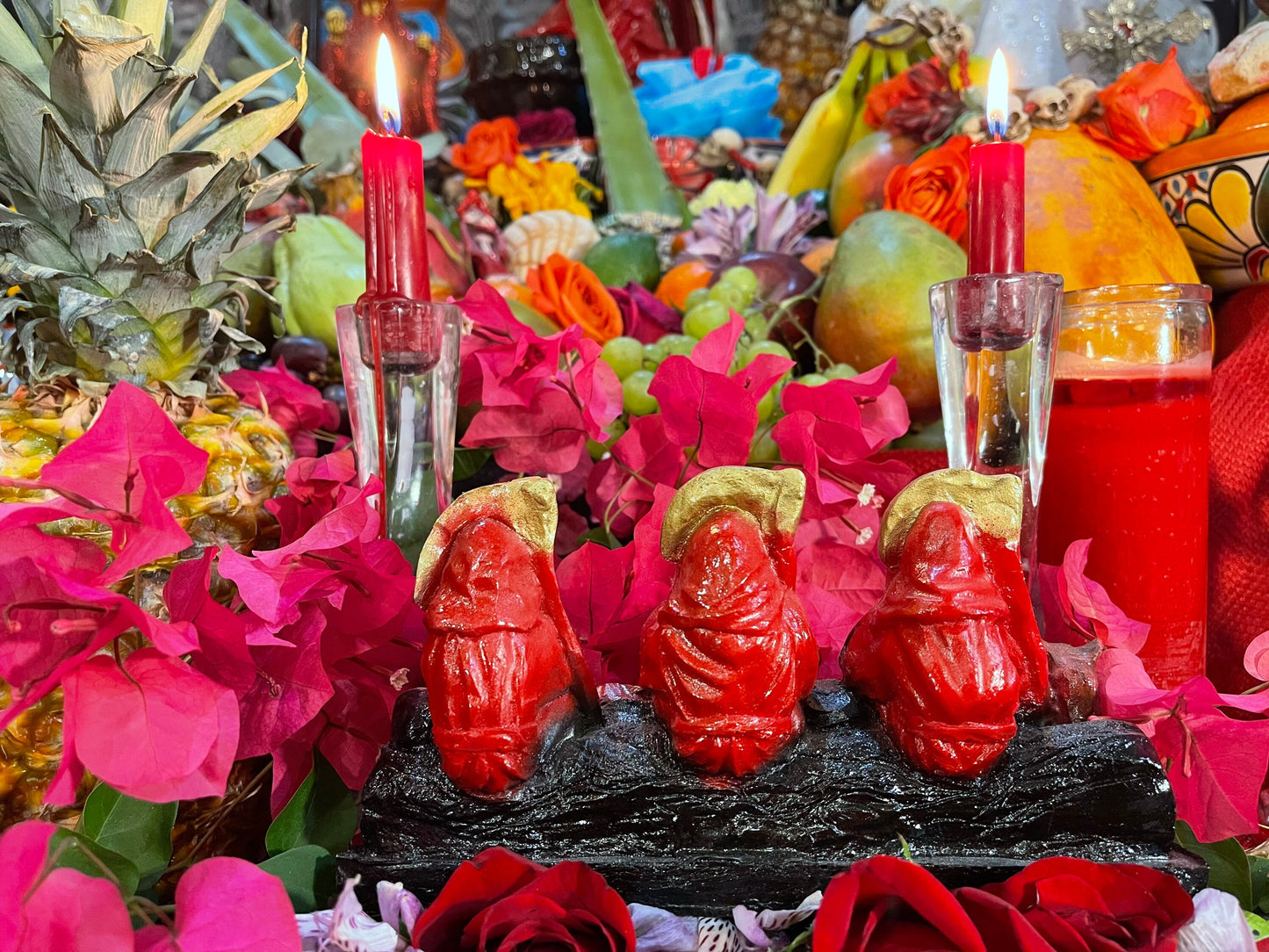 Santa Muerte Roja Hear No, Speak No, See No Evil Statue + Baptized + Made in Mexico + Tetragrammaton + Stop Gossip + Hide Love Spellwork