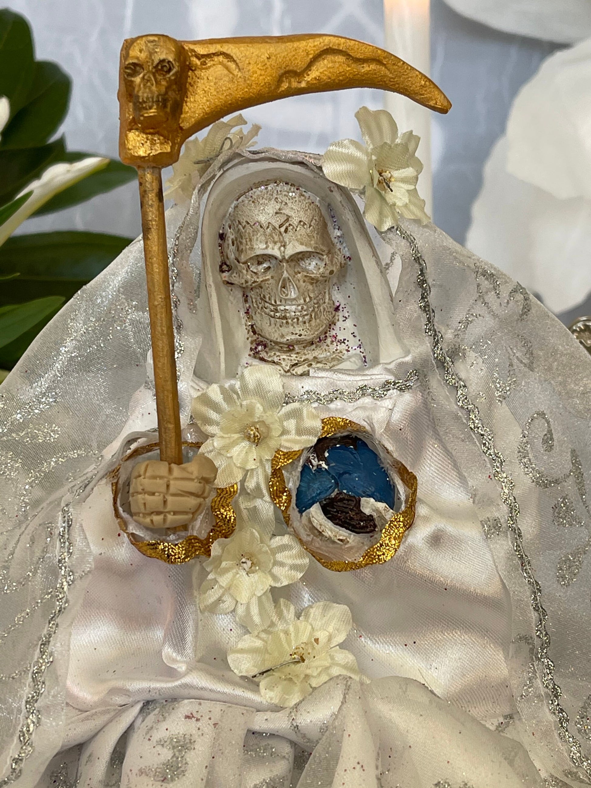 12” Santa Muerte Blanca Statue with Dress + Baptized + Fixed + Purity + Made in Mexico + 24K Gold Leaf on Scythe