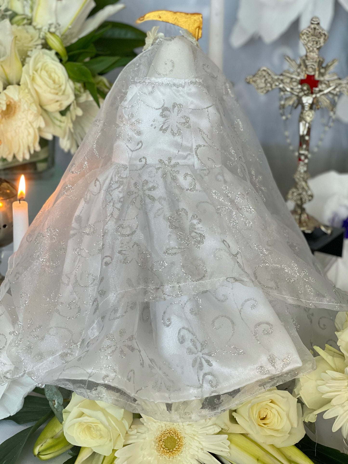 12” Santa Muerte Blanca Statue with Dress + Baptized + Fixed + Purity + Made in Mexico + 24K Gold Leaf on Scythe
