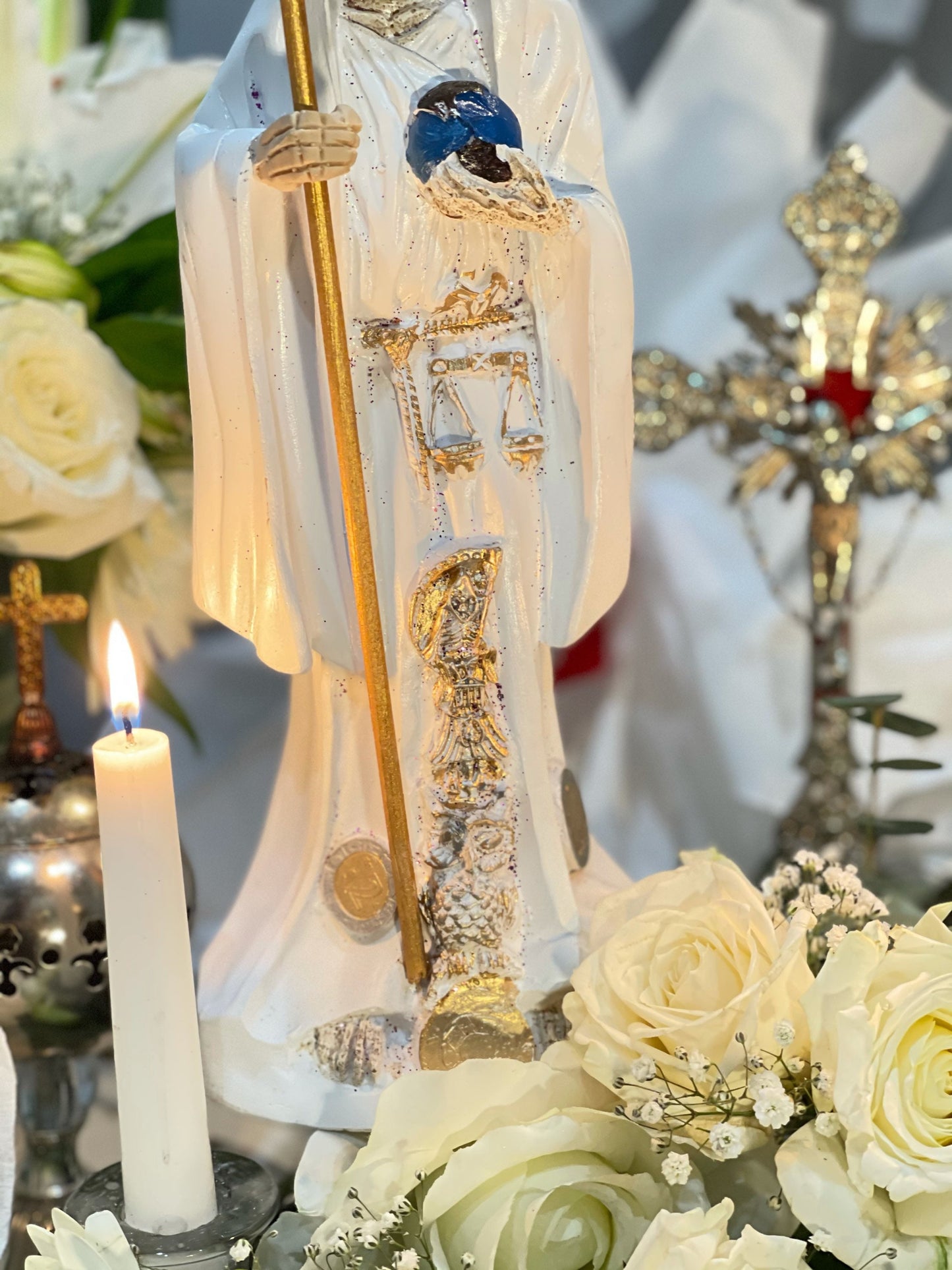 12” Santa Muerte Blanca Statue with Dress + Baptized + Fixed + Purity + Made in Mexico + 24K Gold Leaf on Scythe