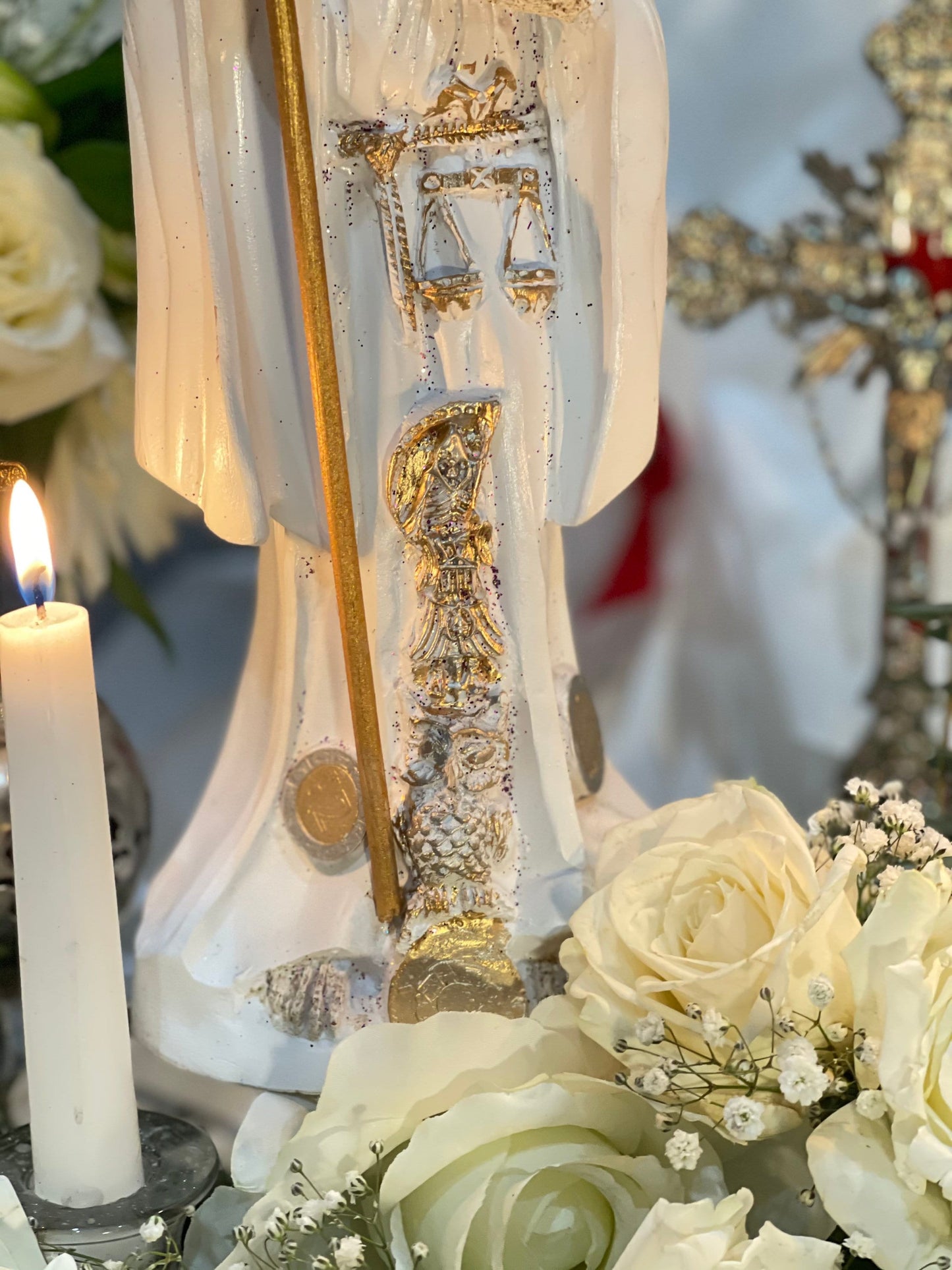 12” Santa Muerte Blanca Statue with Dress + Baptized + Fixed + Purity + Made in Mexico + 24K Gold Leaf on Scythe